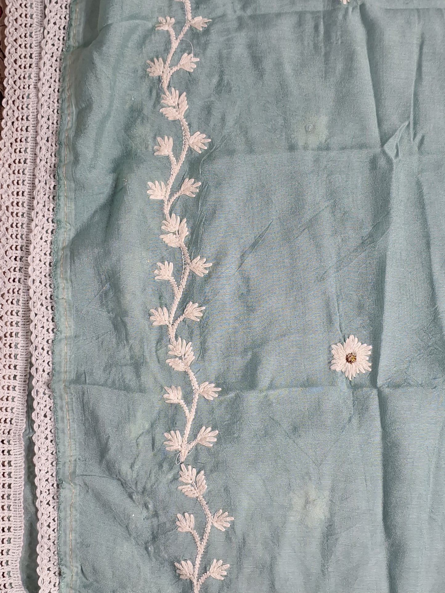 Mint Green Colour Thread Work Unstitched Suit Fabric with Dupatta