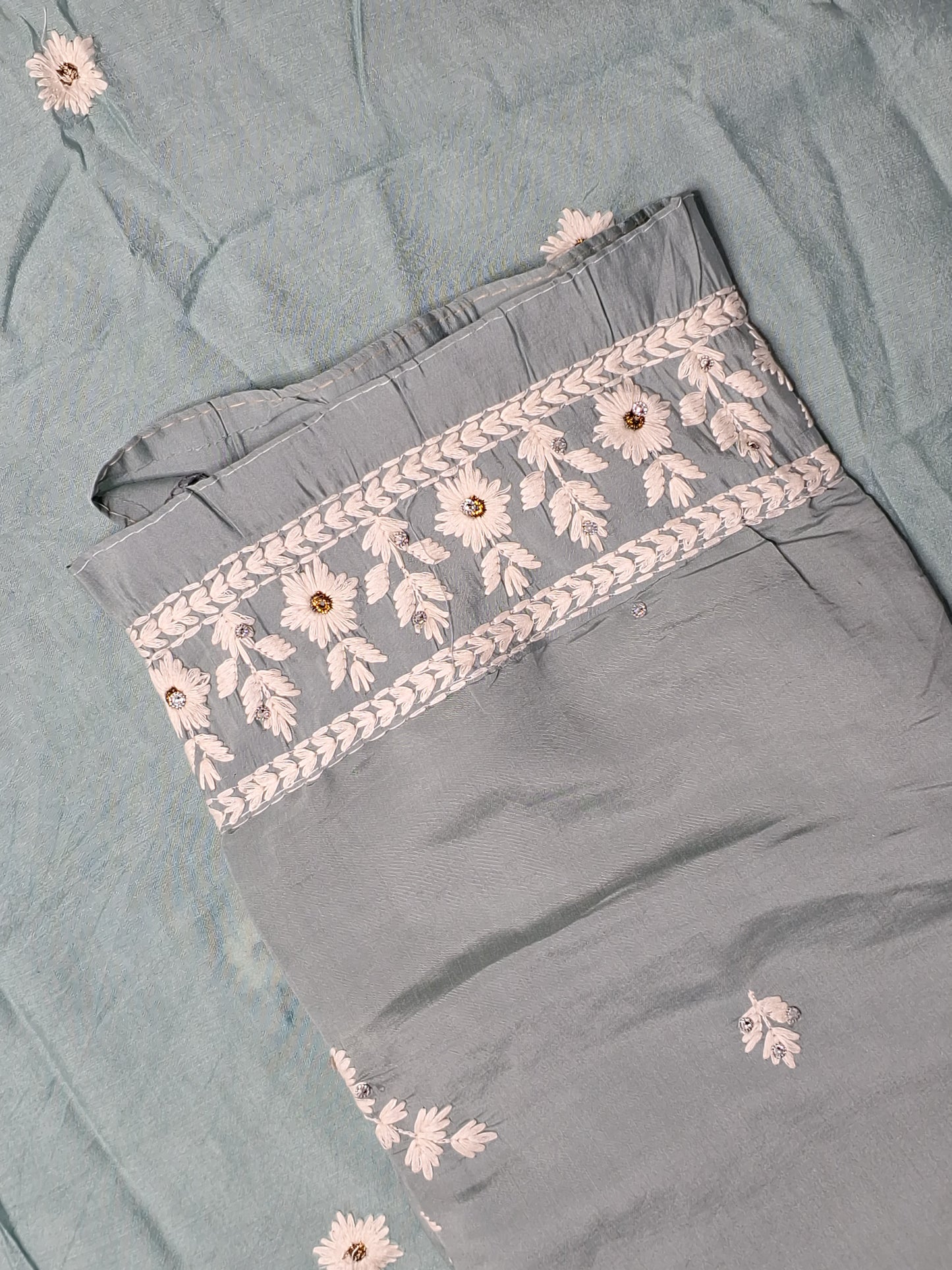 Mint Green Colour Thread Work Unstitched Suit Fabric with Dupatta