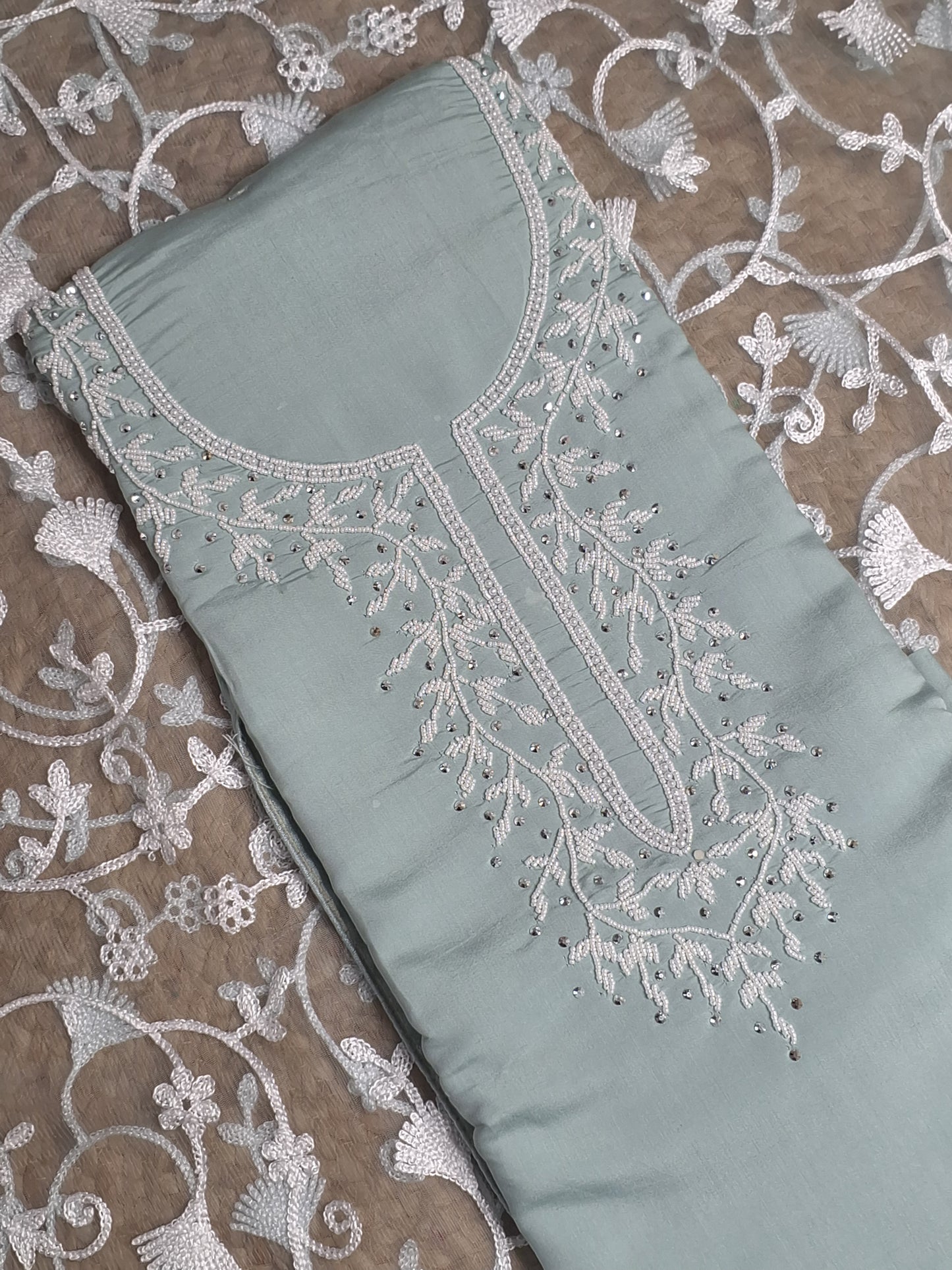 Mint Colour Moti Work Unstitched Suit Fabric with Dupatta