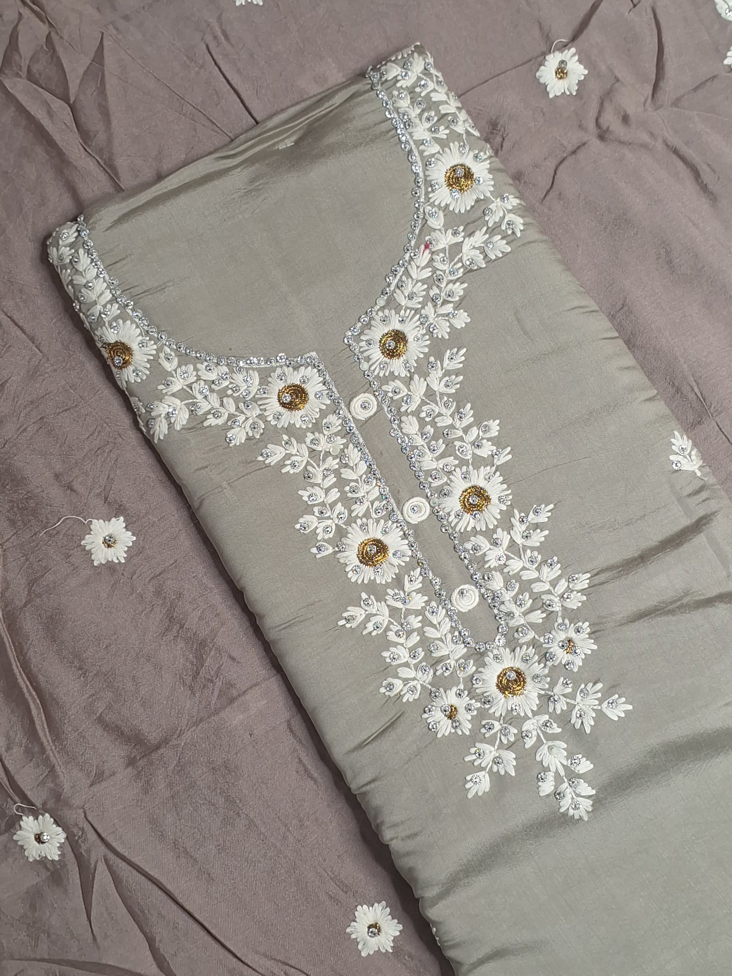 Coffee Colour Thread Work Unstitched Suit Fabric with Dupatta