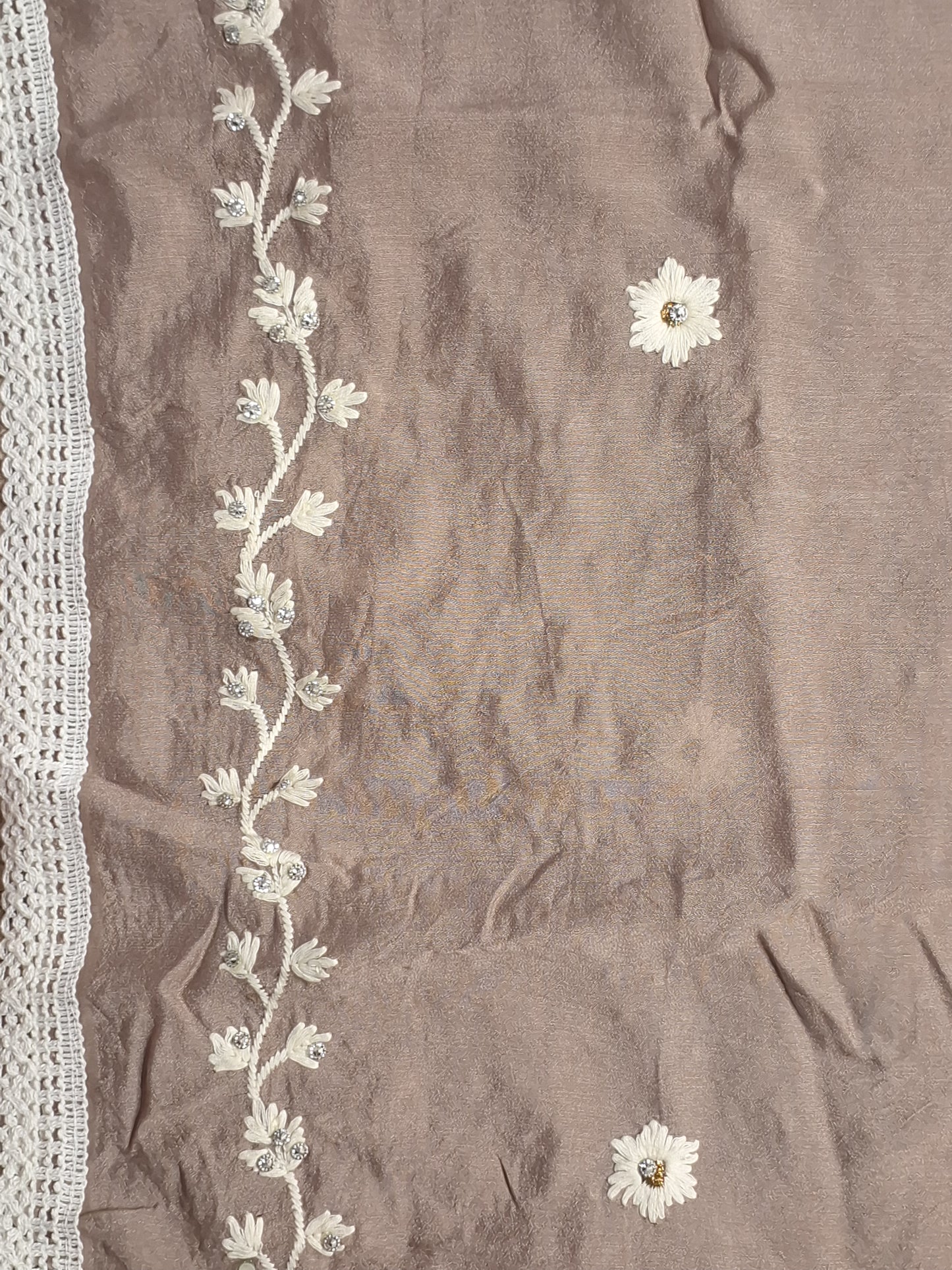 Coffee Colour Thread Work Unstitched Suit Fabric with Dupatta