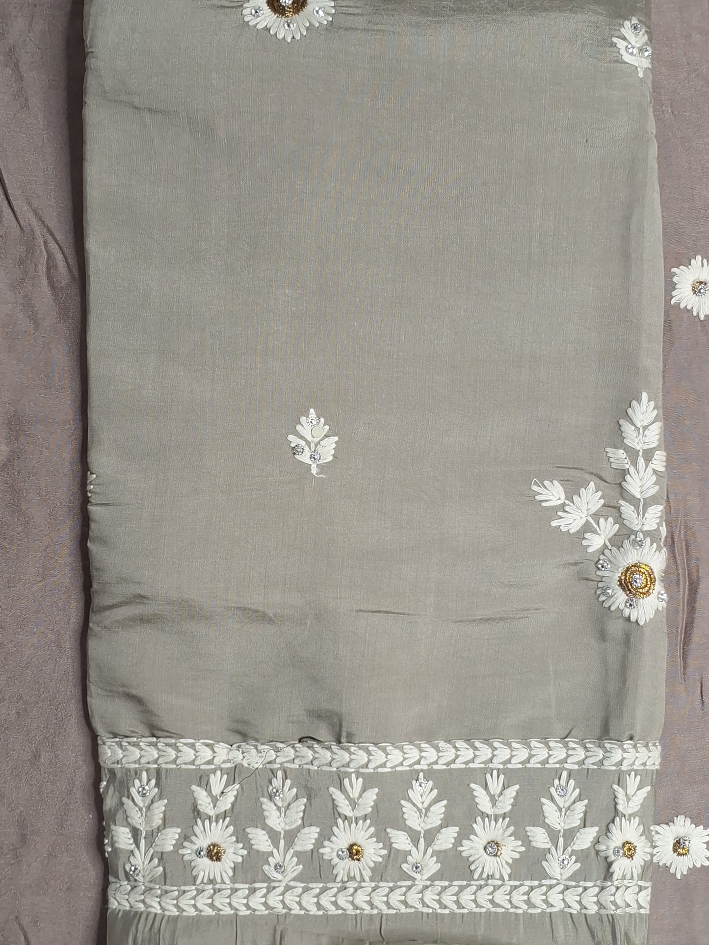 Coffee Colour Thread Work Unstitched Suit Fabric with Dupatta