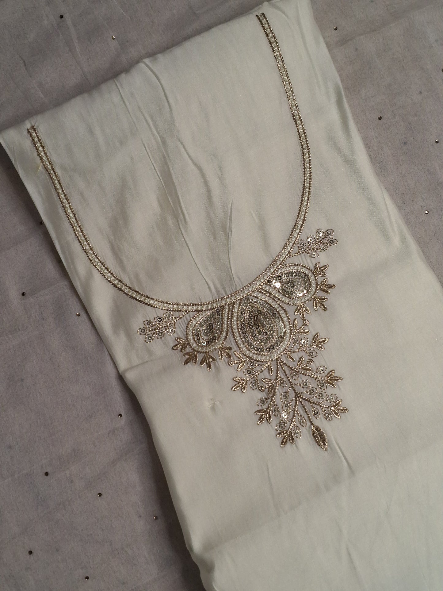Off White Colour Zari & Thread Work Unstitched Suit Fabric with Dupatta