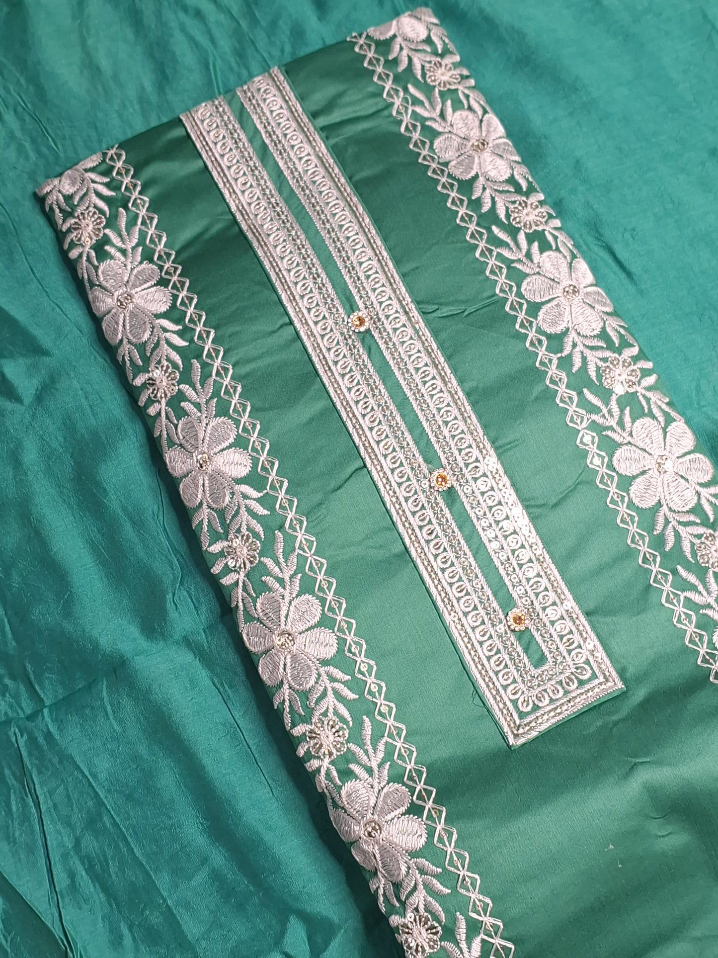 Green Colour Thread Work Unstitched Suit Fabric with Dupatta