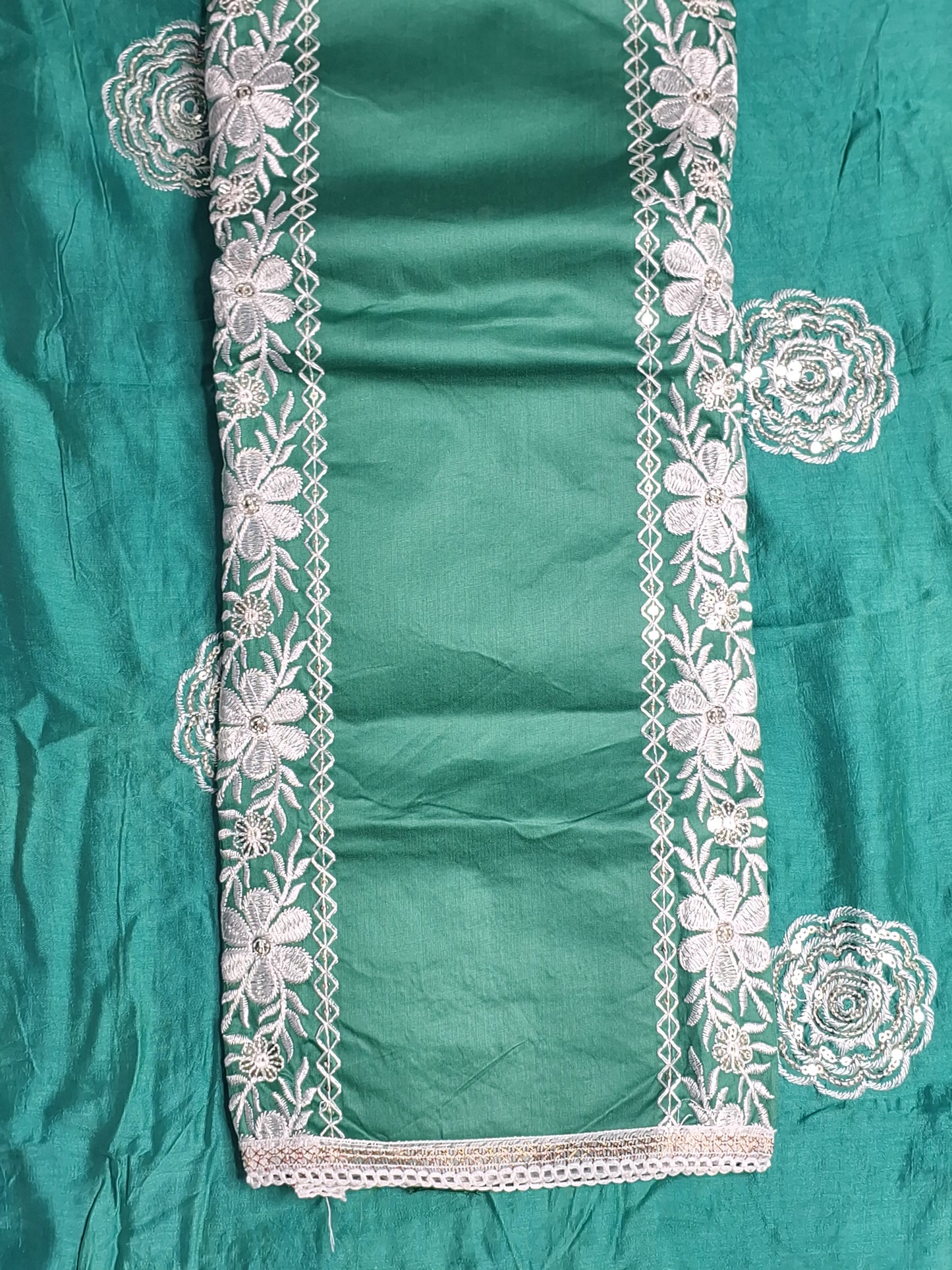 Green Colour Thread Work Unstitched Suit Fabric with Dupatta