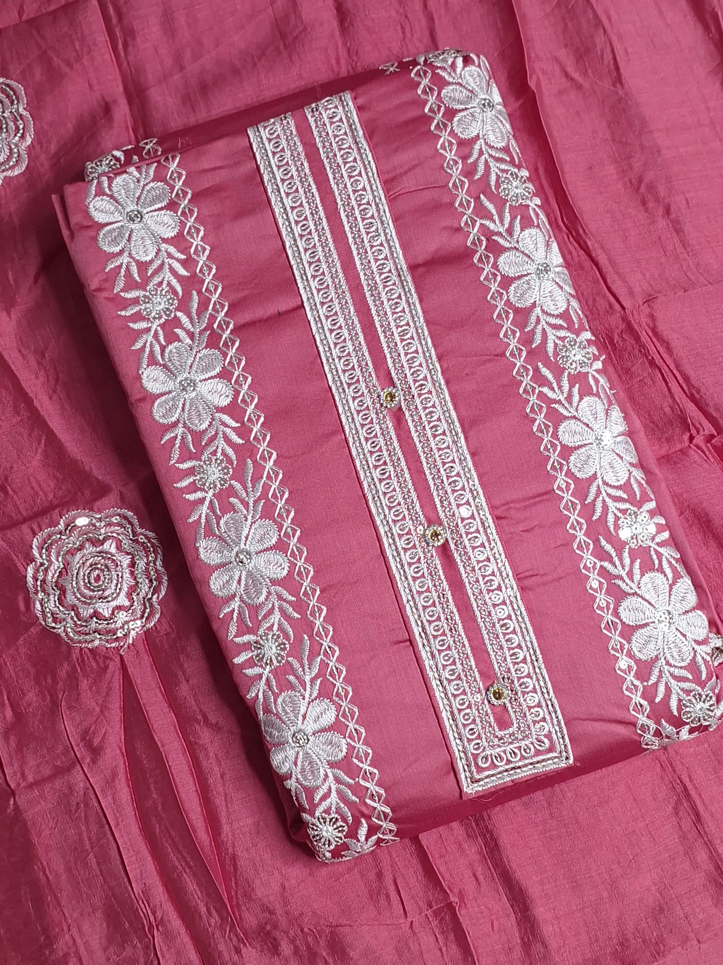 Coral Pink Colour Thread Work Unstitched Suit Fabric with Dupatta