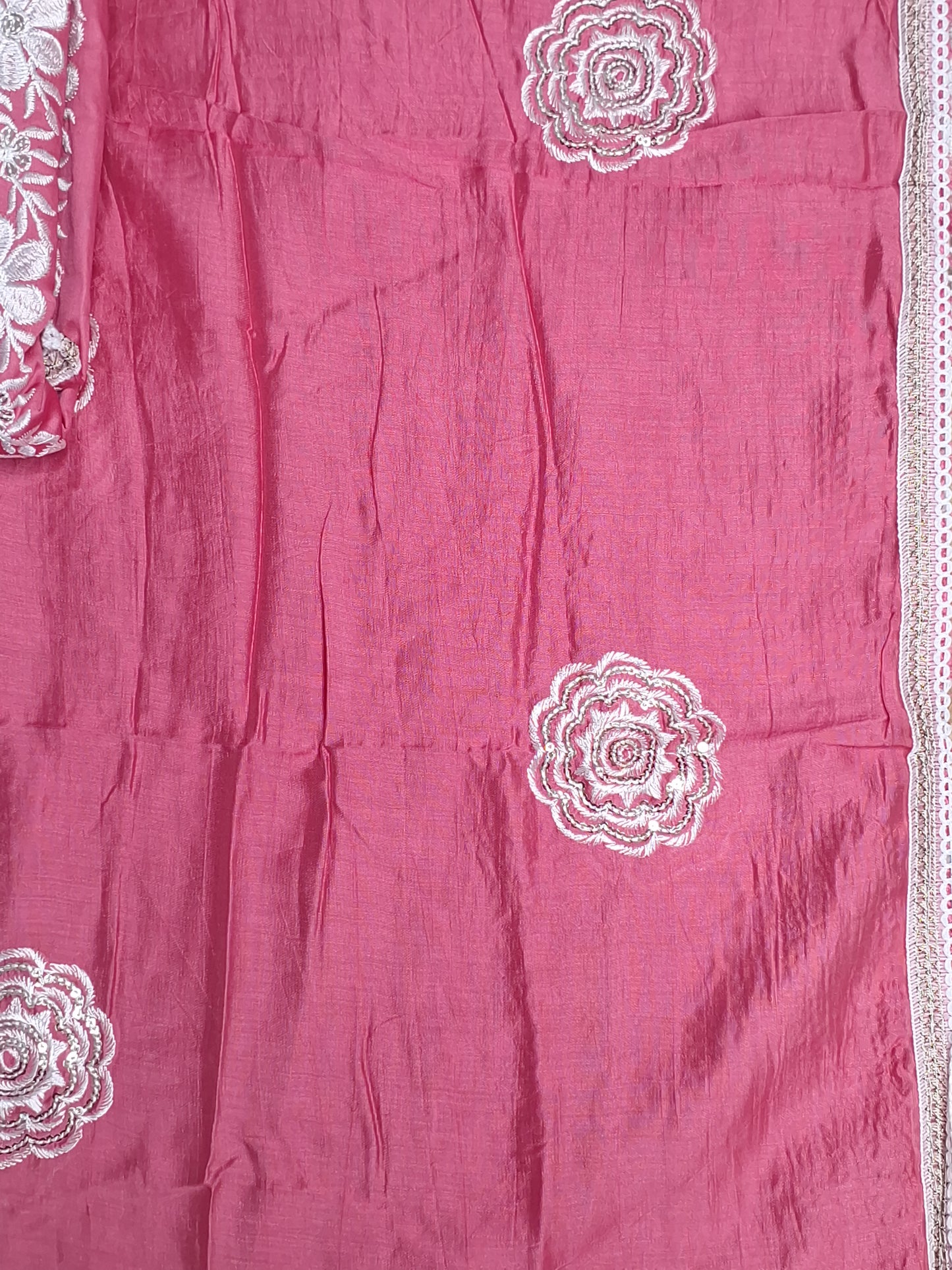 Coral Pink Colour Thread Work Unstitched Suit Fabric with Dupatta