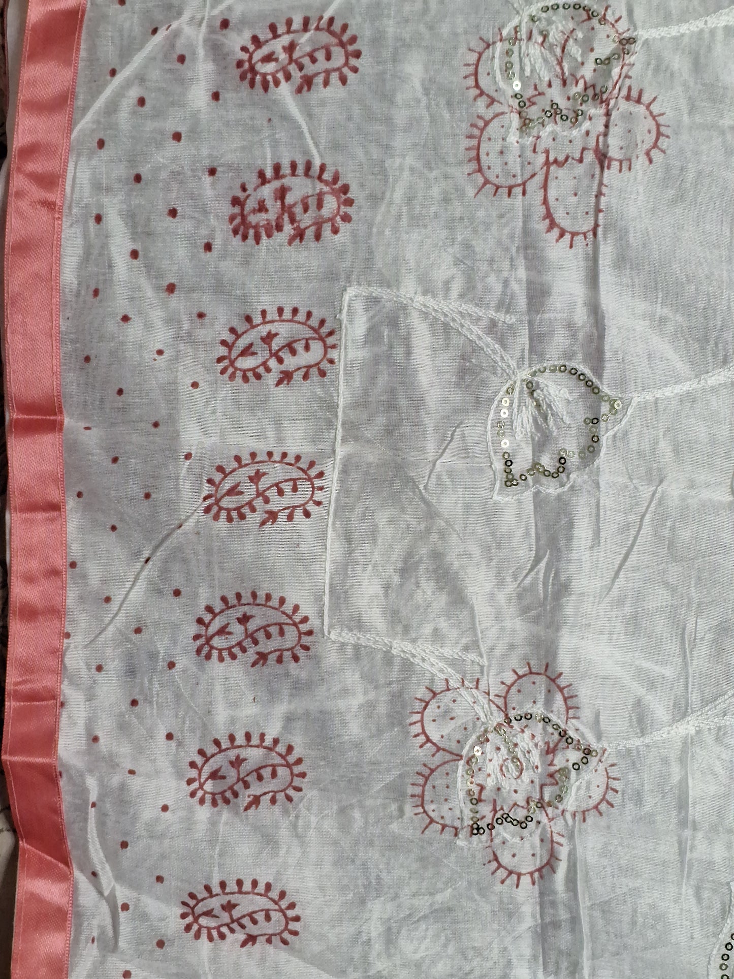 Coral Pink Colour Thread Work Unstitched Suit Fabric with Dupatta