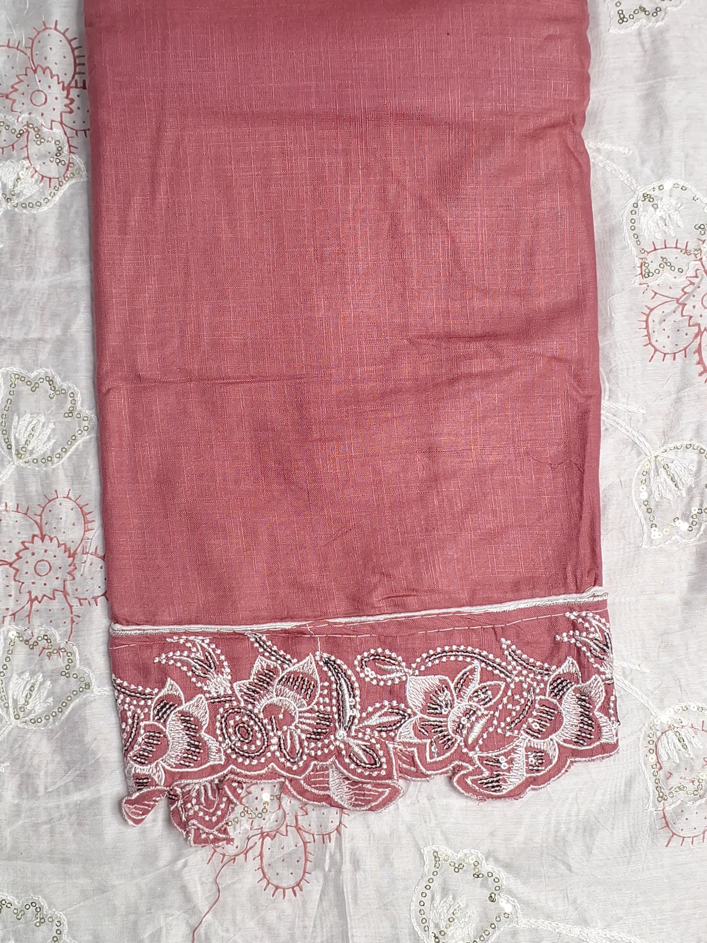 Coral Pink Colour Thread Work Unstitched Suit Fabric with Dupatta