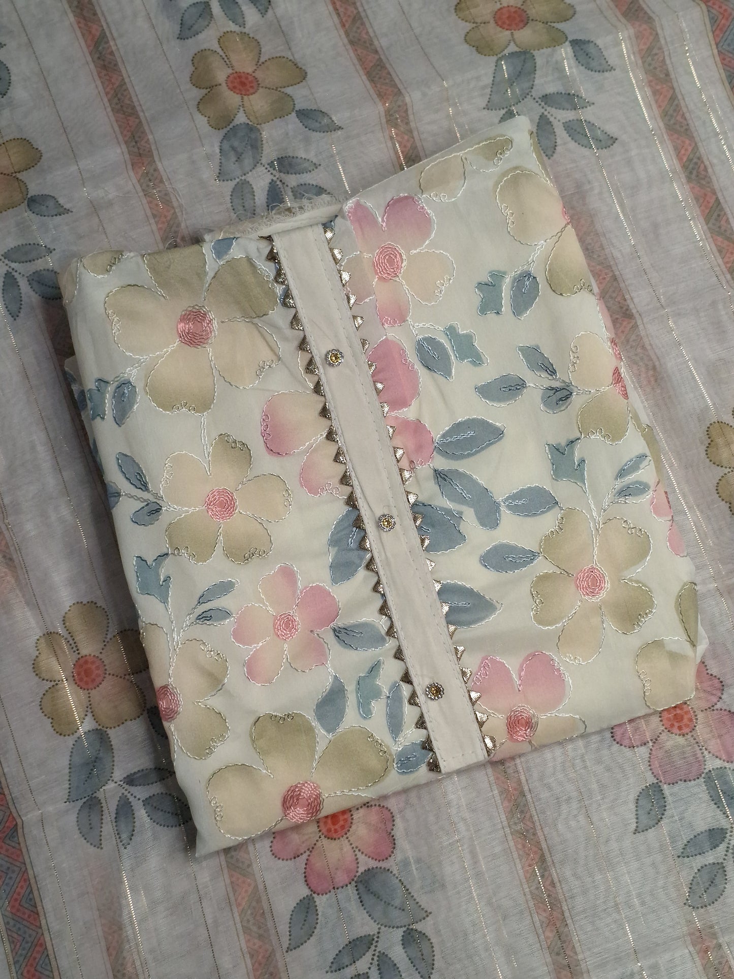 Cream Colour Digital print Unstitched Suit Fabric with Dupatta