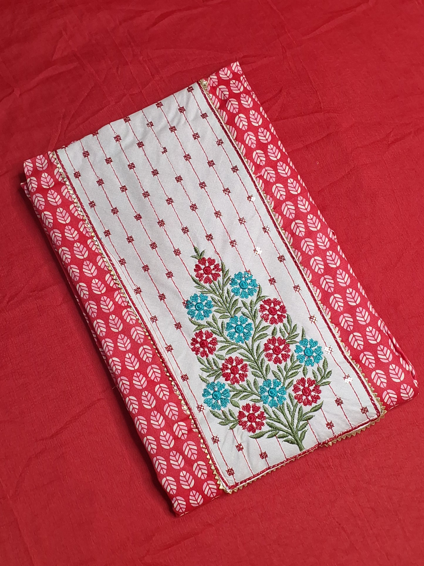 Red Colour Unstitched Suit Cotton Fabric with Dupatta
