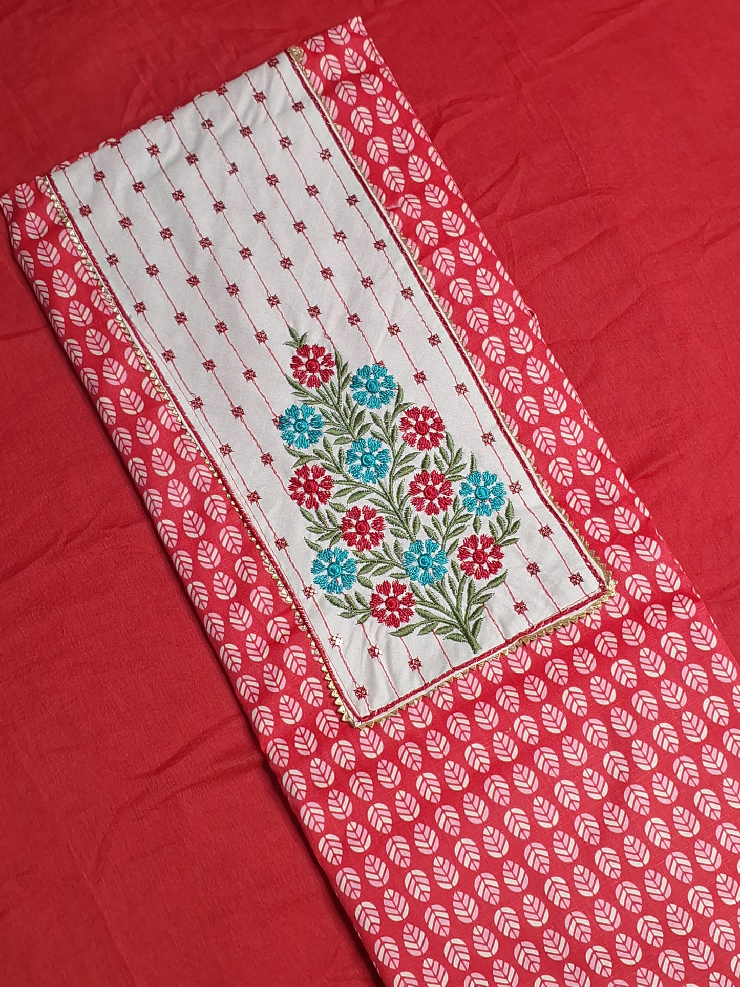 Red Colour Unstitched Suit Cotton Fabric with Dupatta