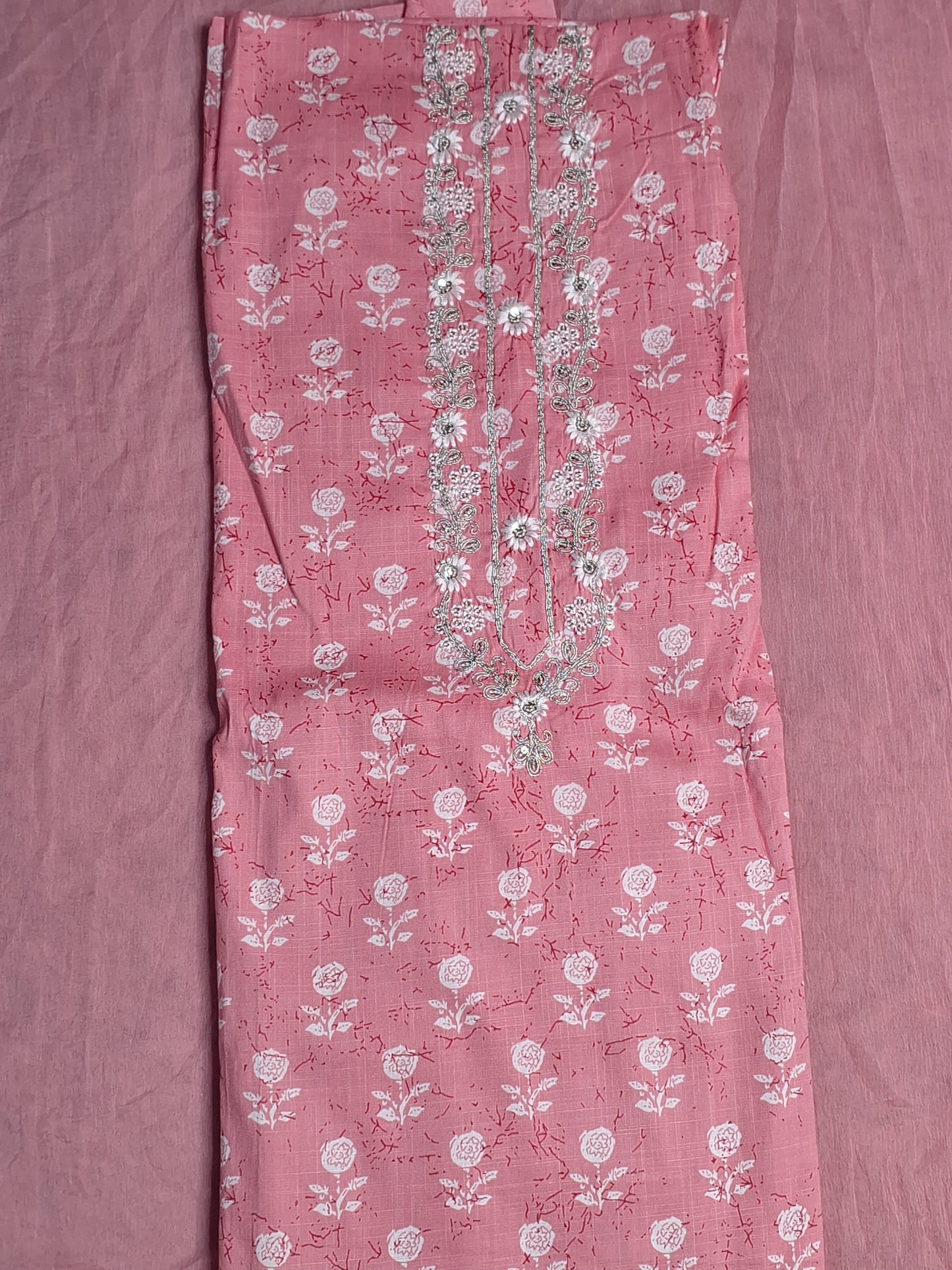 Coral Pink Colour Printed & Thread work Unstitched Suit Cotton Fabric with Dupatta