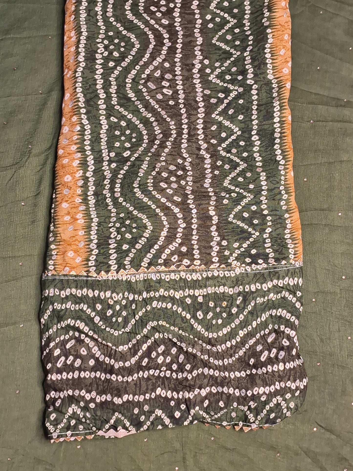 Dark Green Gota Patti & Thread work Bandhani Unstitched Suit Rayon Fabric with Dupatta