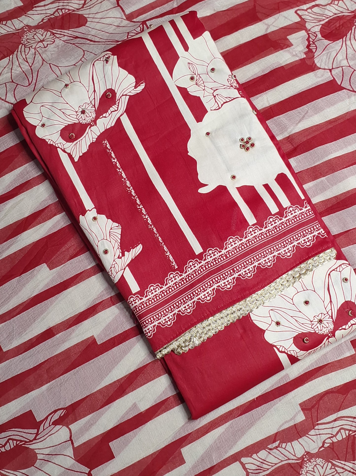 Red Printed suit Jam cotton Unstitched Suit Fabric with Dupatta