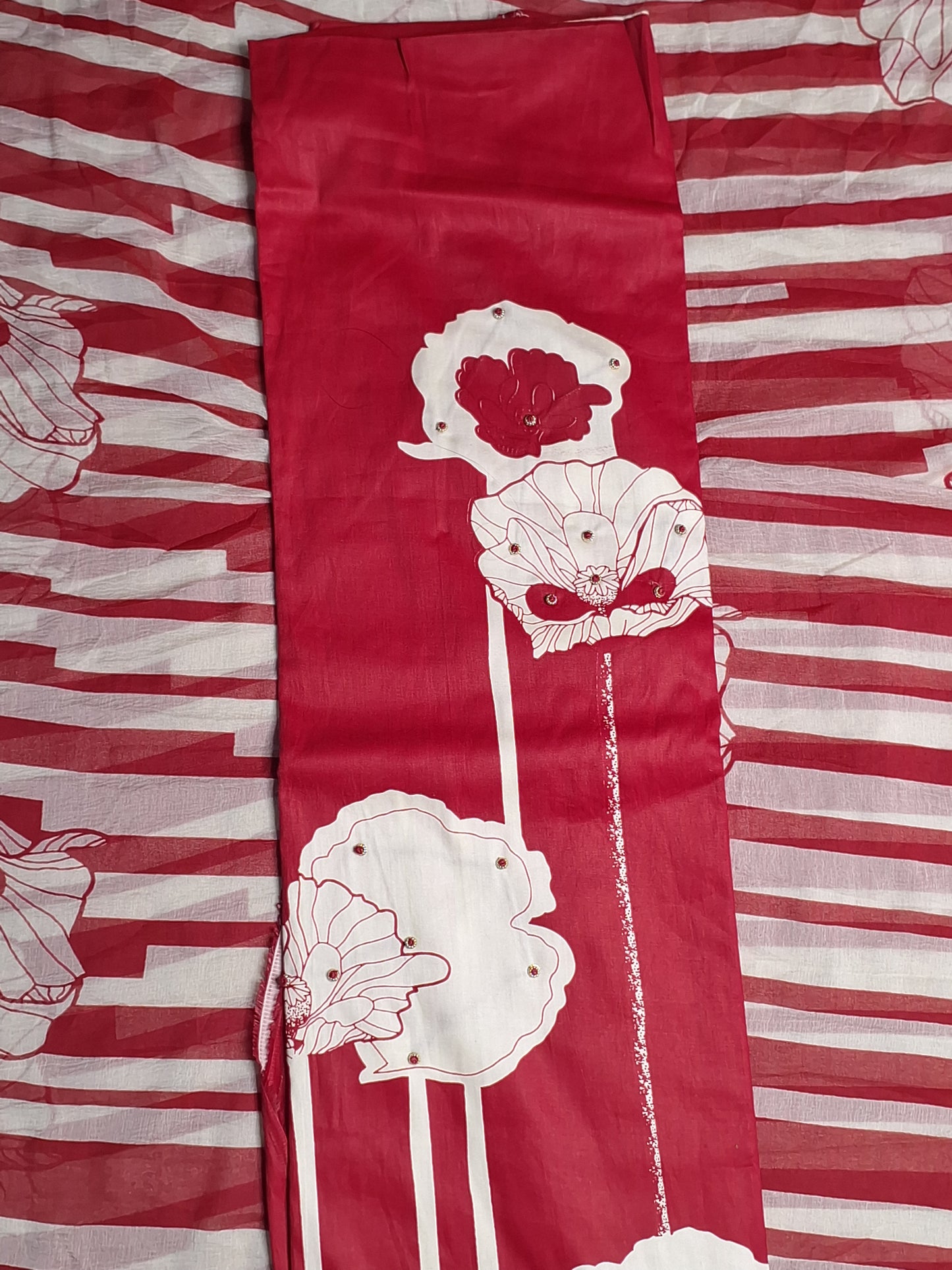 Red Printed suit Jam cotton Unstitched Suit Fabric with Dupatta