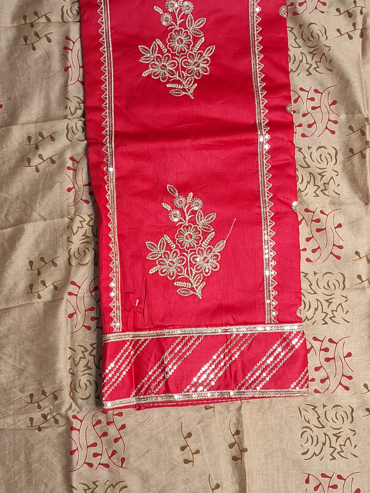 Red Colour Jam cotton Thread and Sequence work Unstitched Suit Fabric with Dupatta