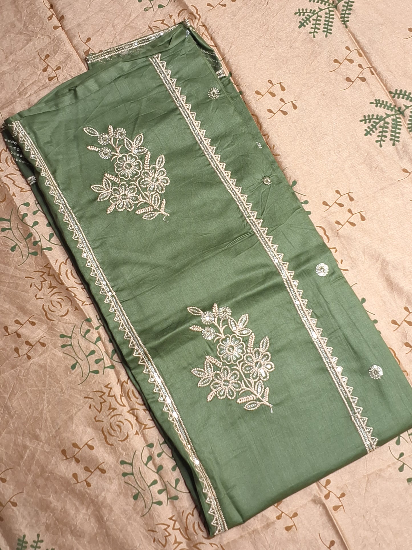 Olive Green Colour Jam cotton Thread and Sequence work Unstitched Suit Fabric with Dupatta