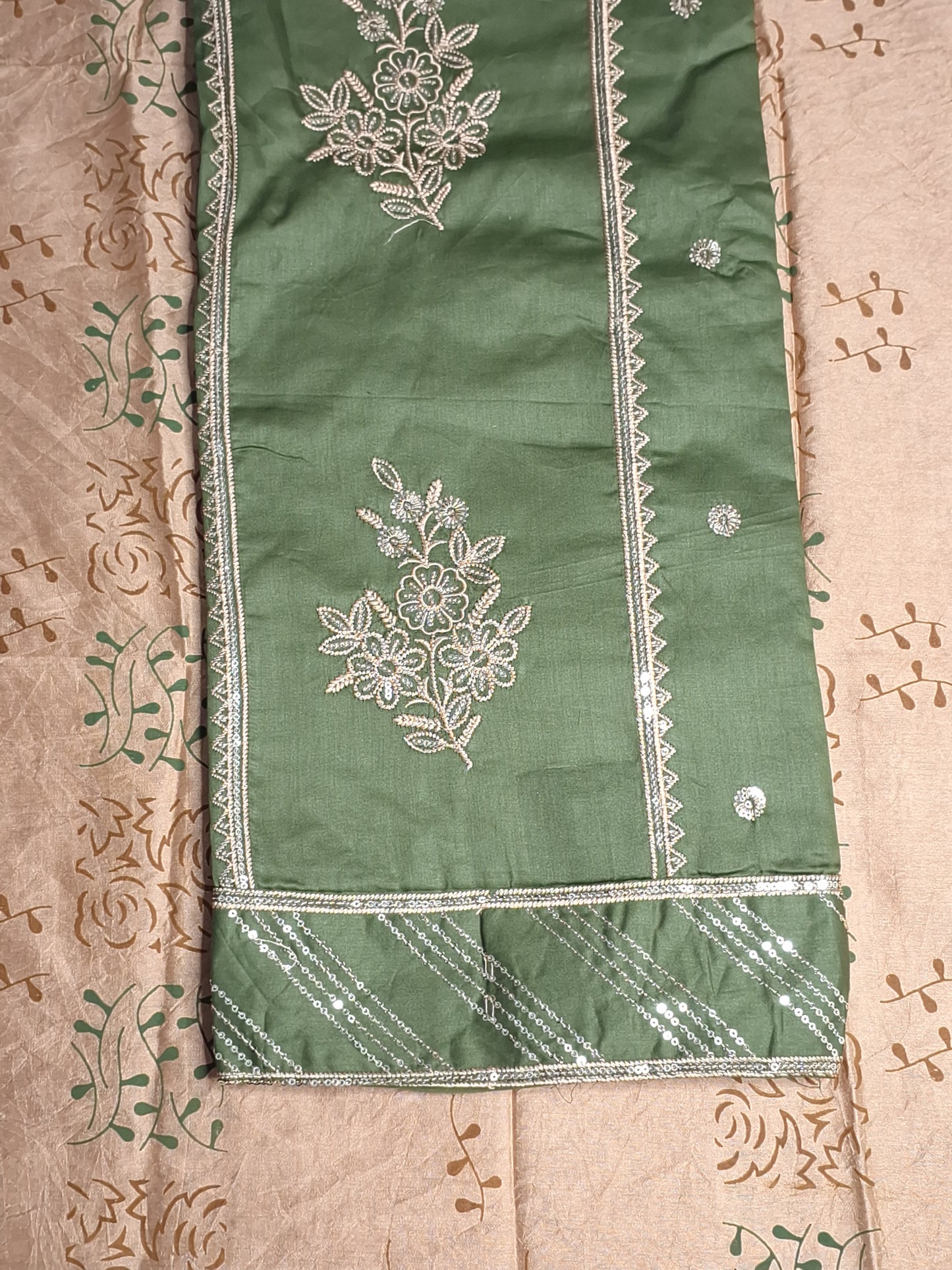 Olive Green Colour Jam cotton Thread and Sequence work Unstitched Suit Fabric with Dupatta