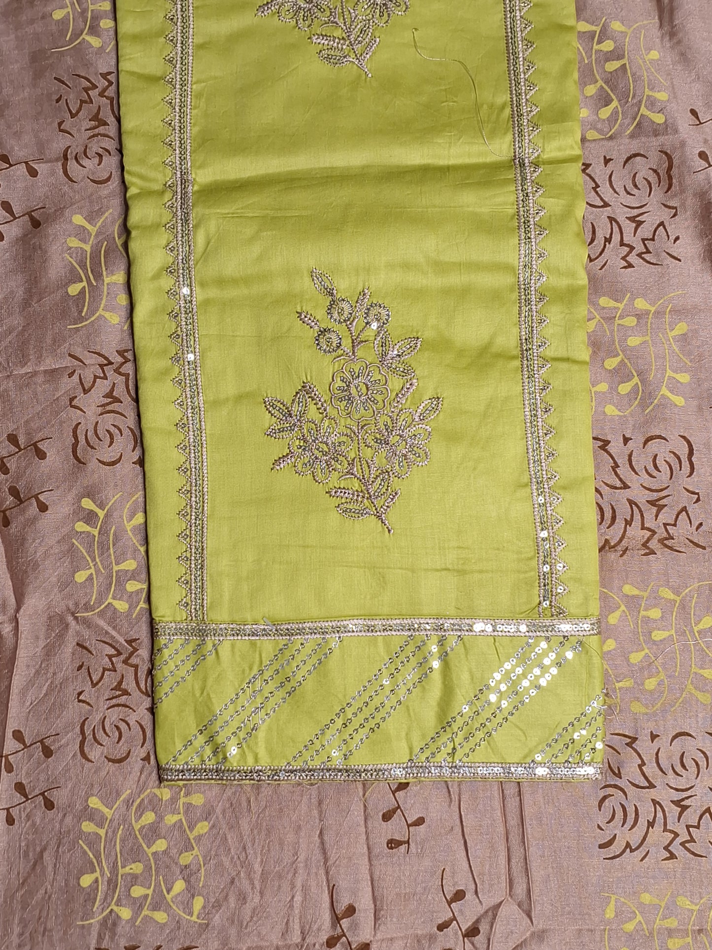 Lemon Green Colour Jam cotton Thread and Sequence work Unstitched Suit Fabric with Dupatta