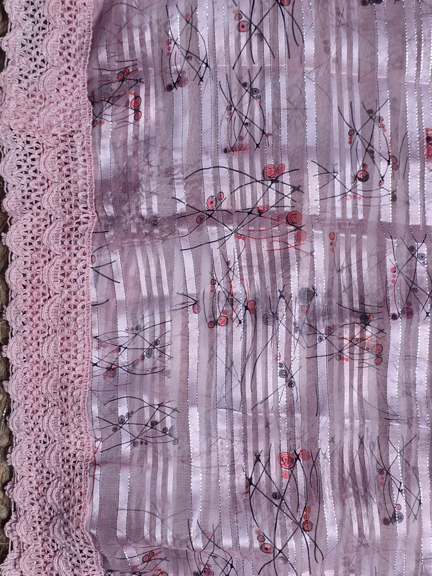 Pink Colour Lace work Unstitched Suit Fabric with Printed Dupatta