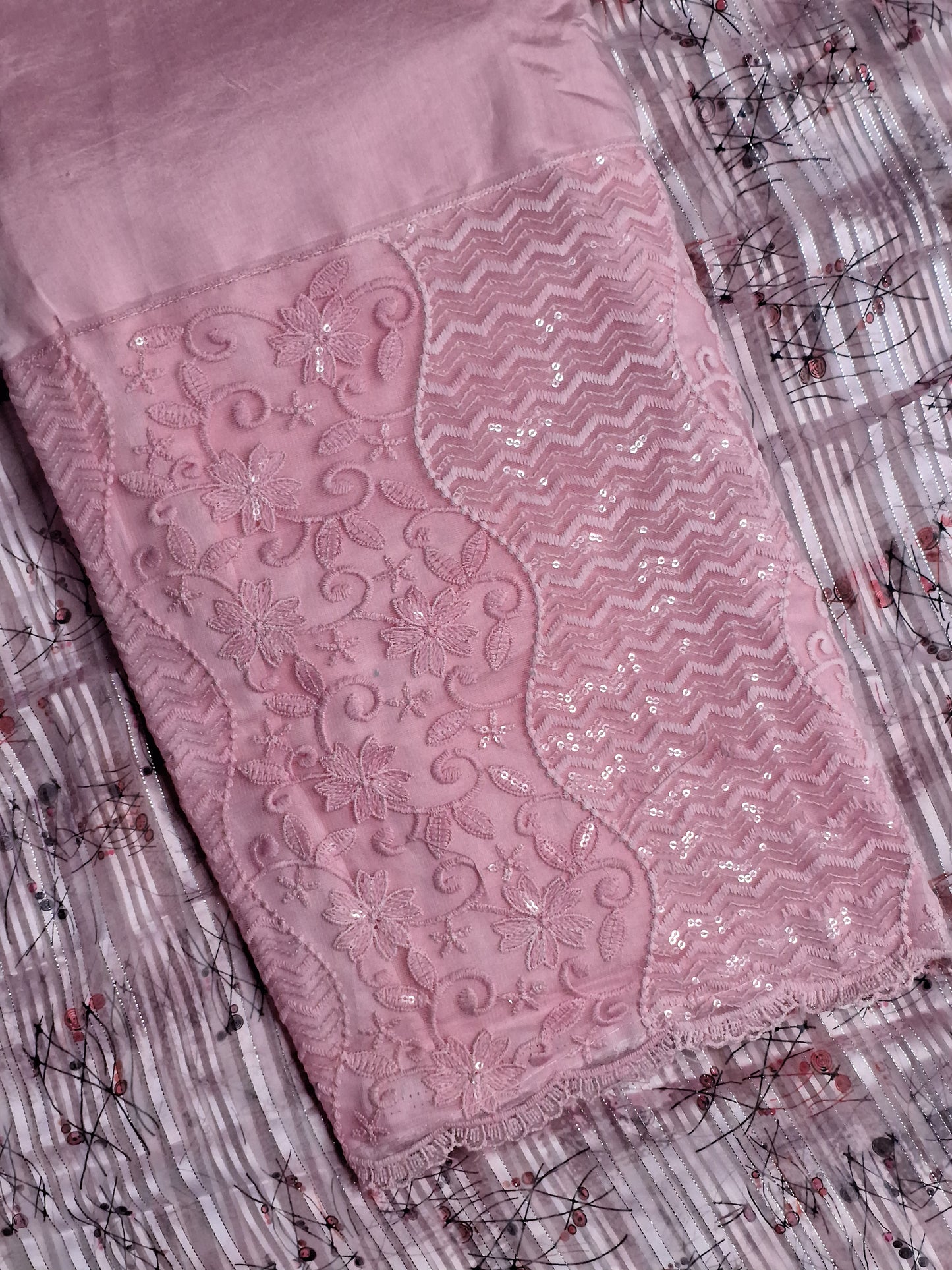 Pink Colour Lace work Unstitched Suit Fabric with Printed Dupatta