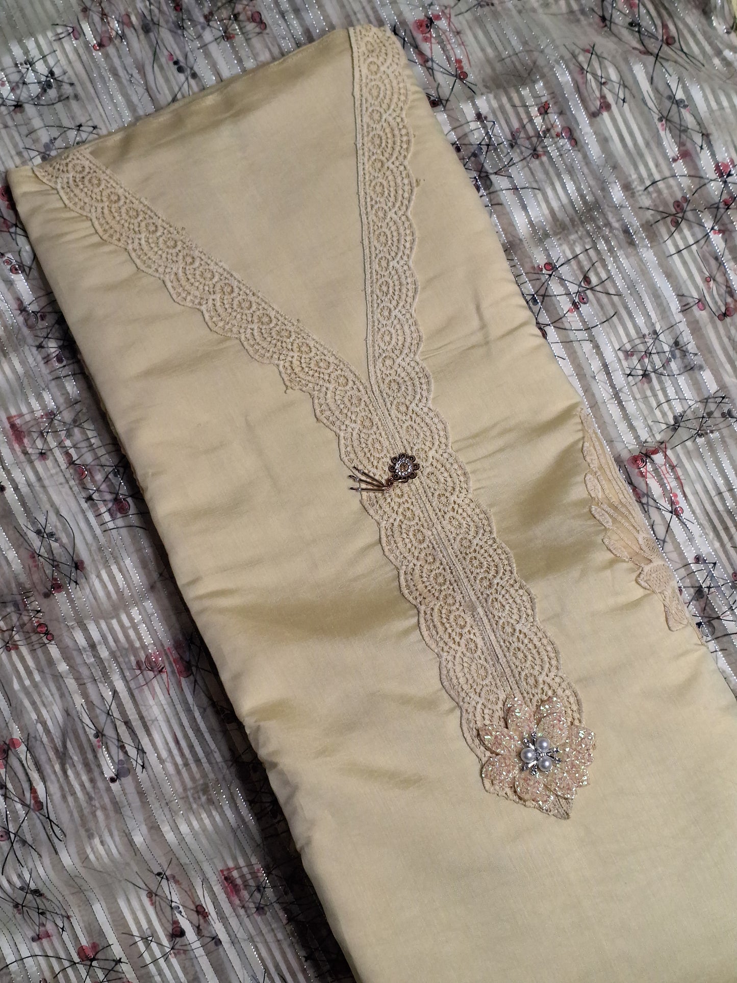 Pastel Yellow Colour Lace work Unstitched Suit Fabric with Printed Dupatta