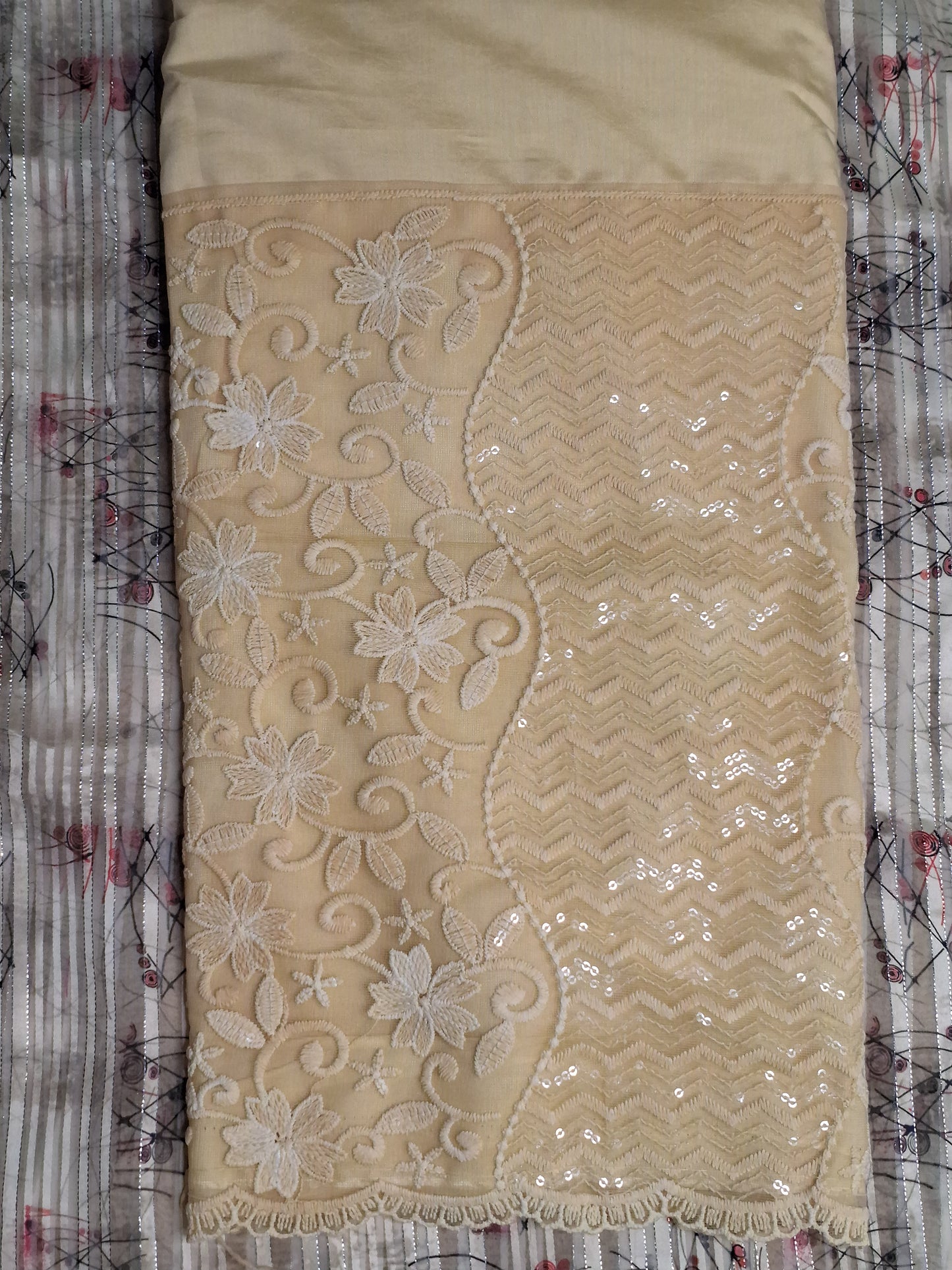 Pastel Yellow Colour Lace work Unstitched Suit Fabric with Printed Dupatta