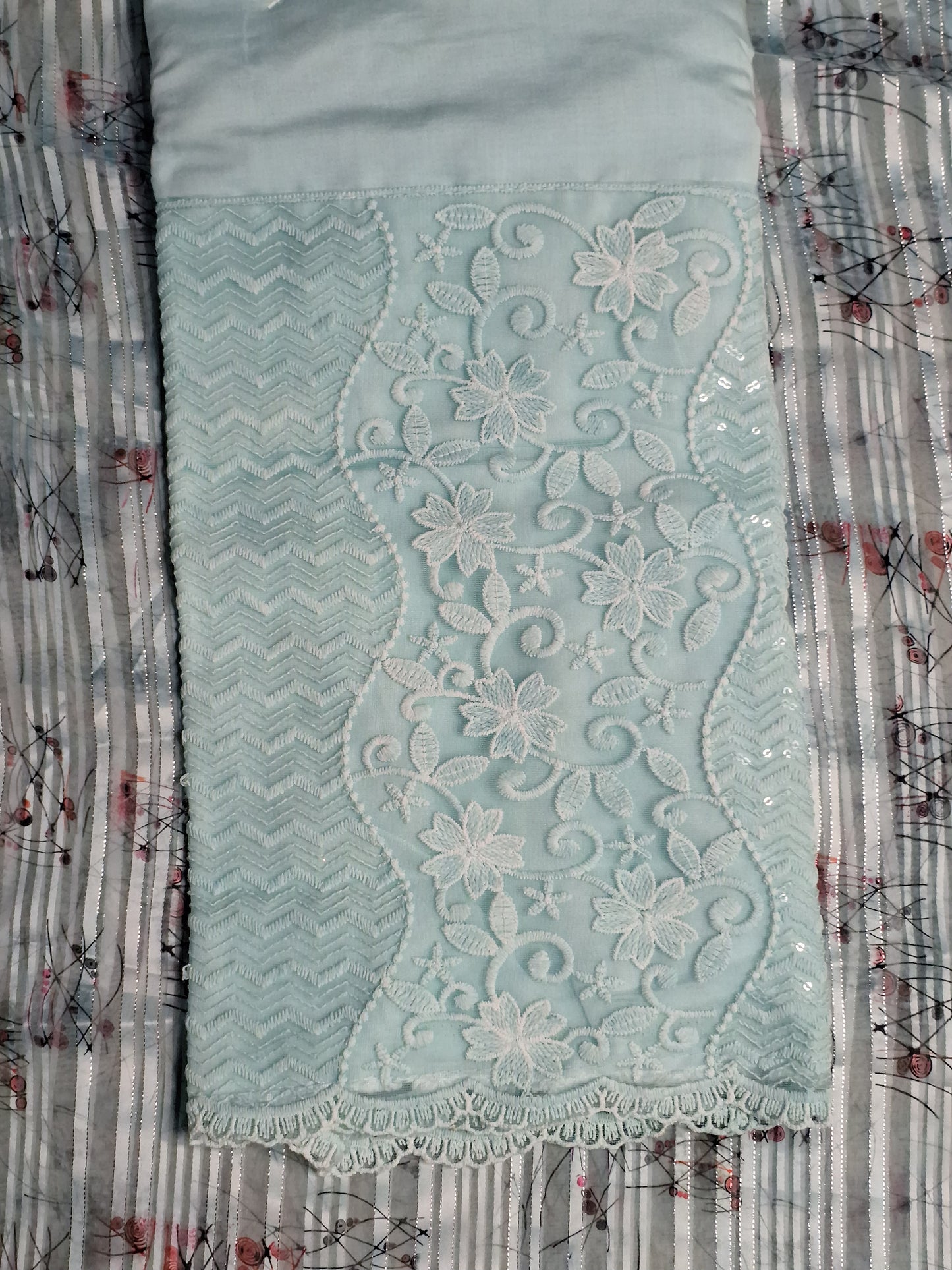 Sky Blue Colour Lace work Unstitched Suit Fabric with Printed Dupatta