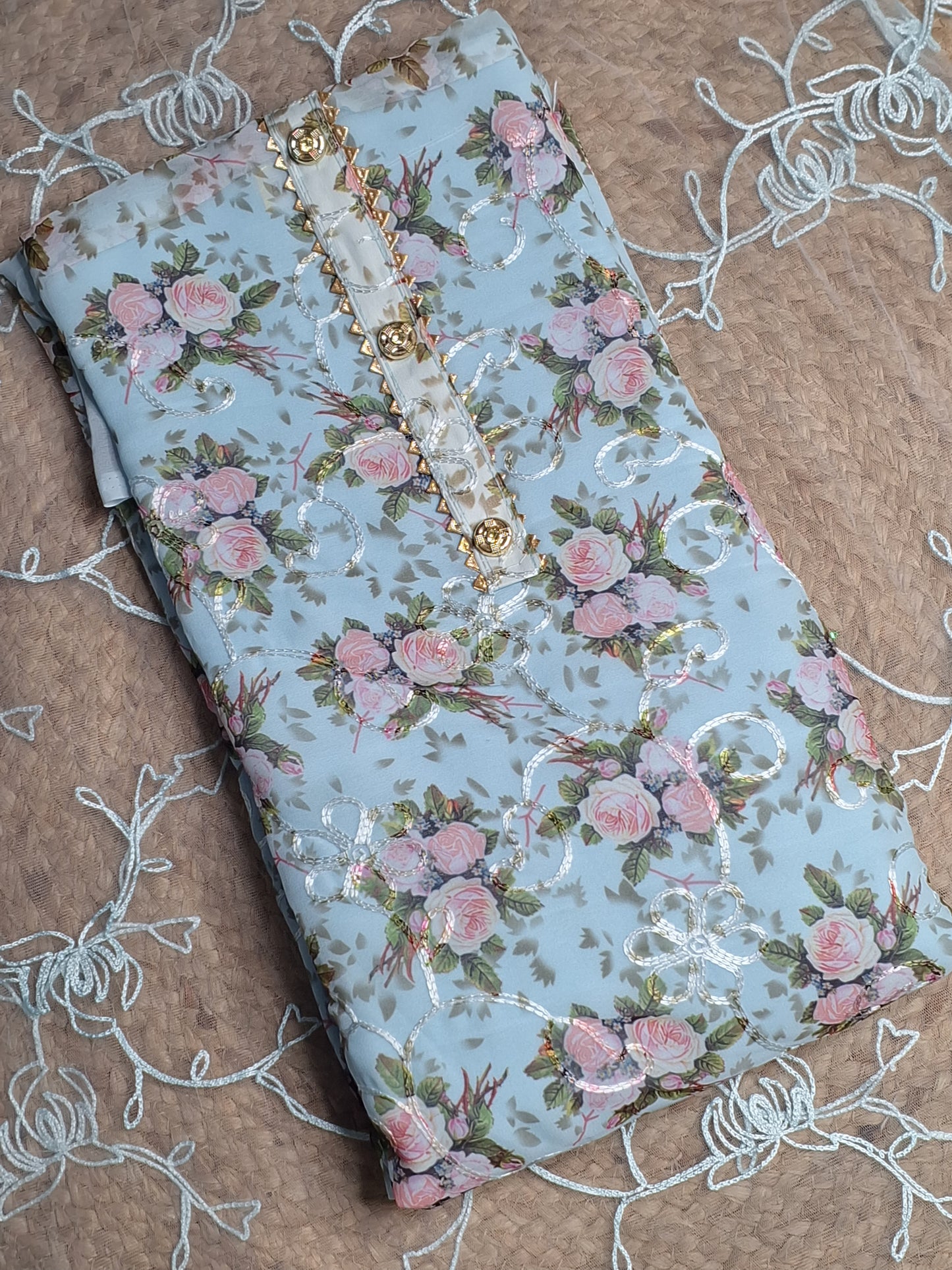 Sea Blue Colour Digital Print Unstitched Suit Organza Fabric with Dupatta