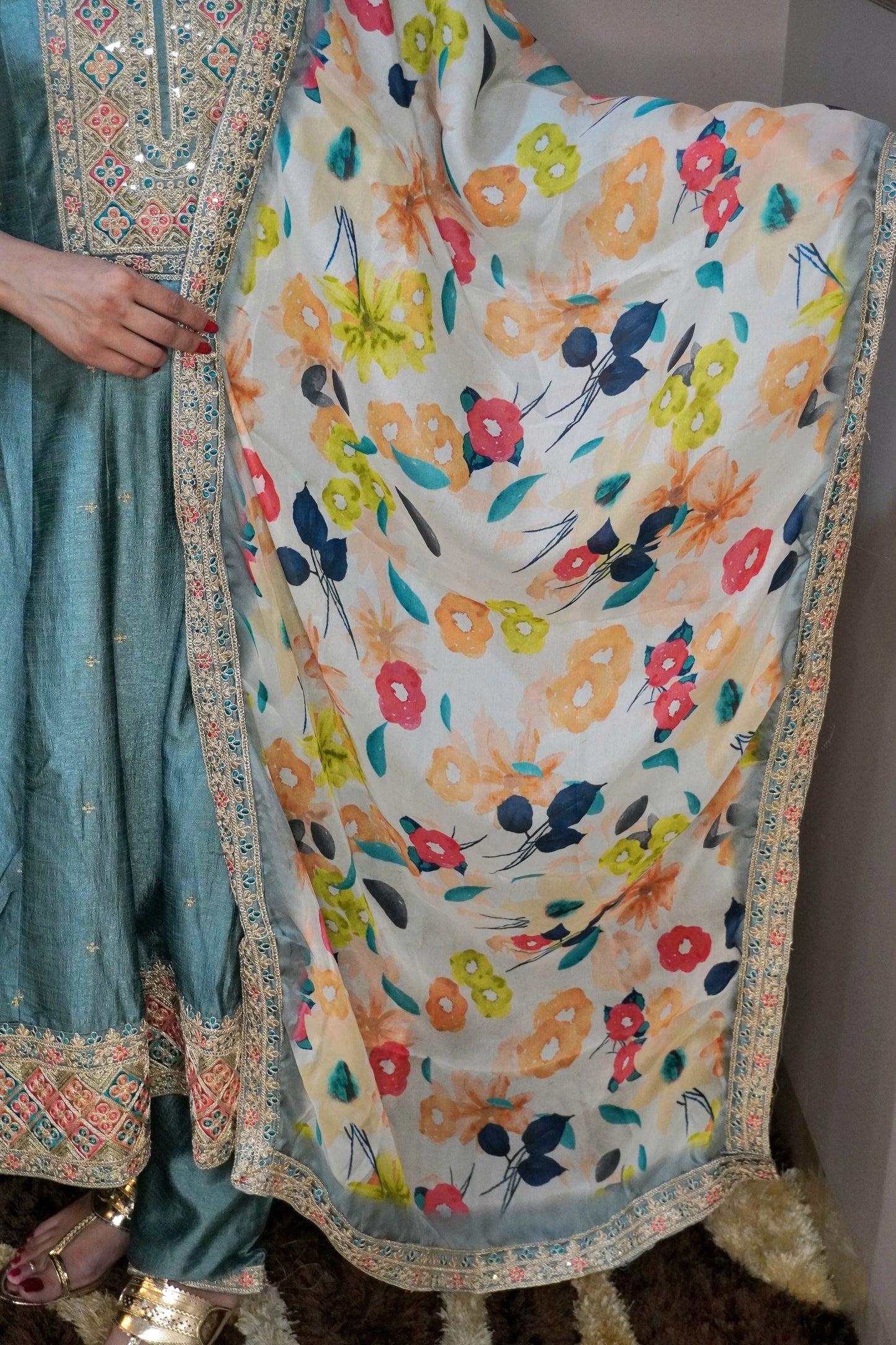 Women Mint Green zari detail Anarkali kurta with pant & with floral print dupatta