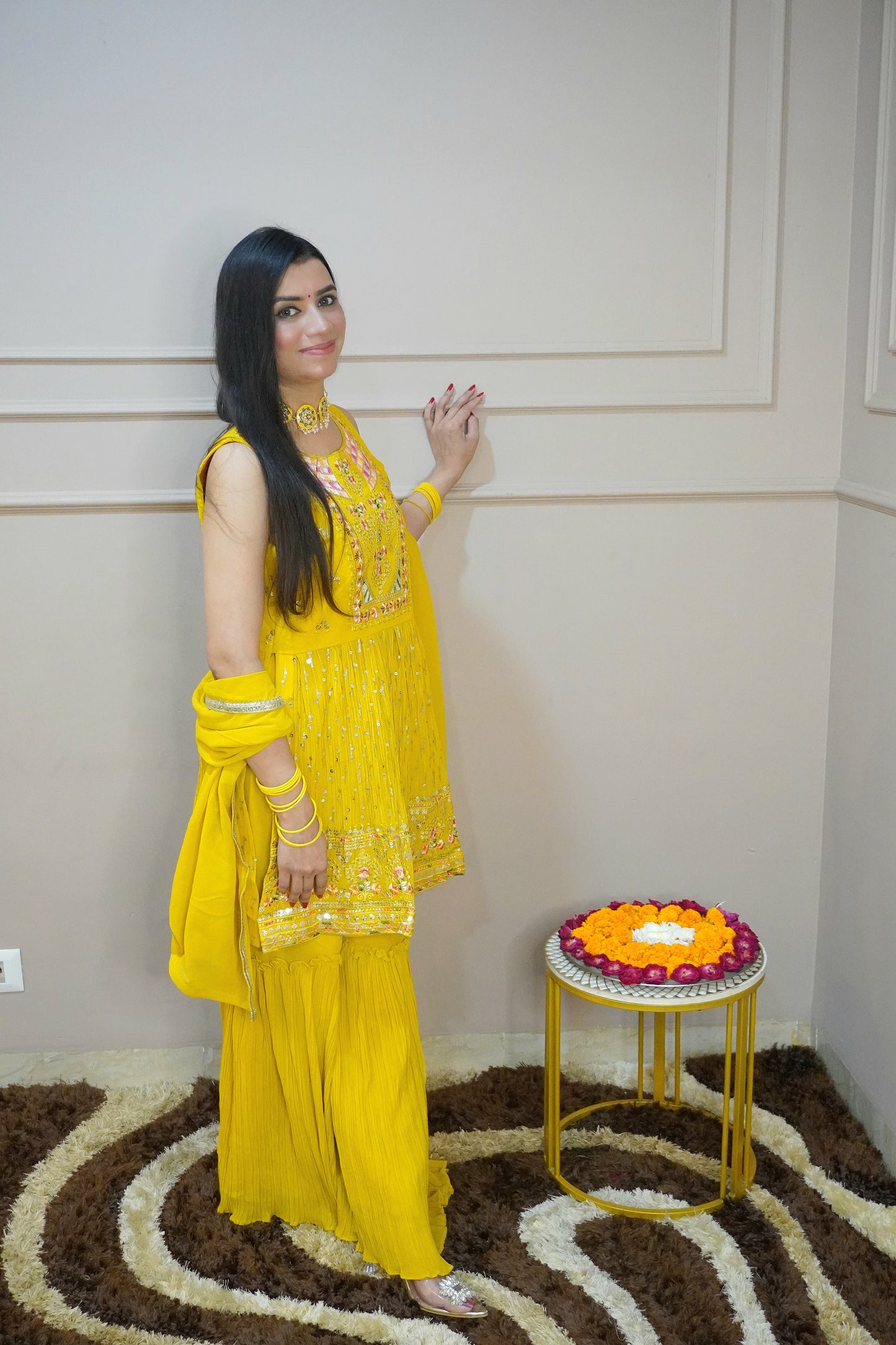 Yellow Colour Thread & Sequence Work Kurta with Sharara & Dupatta (Dress have 4 inch of margin both side for alteration as per customer need)