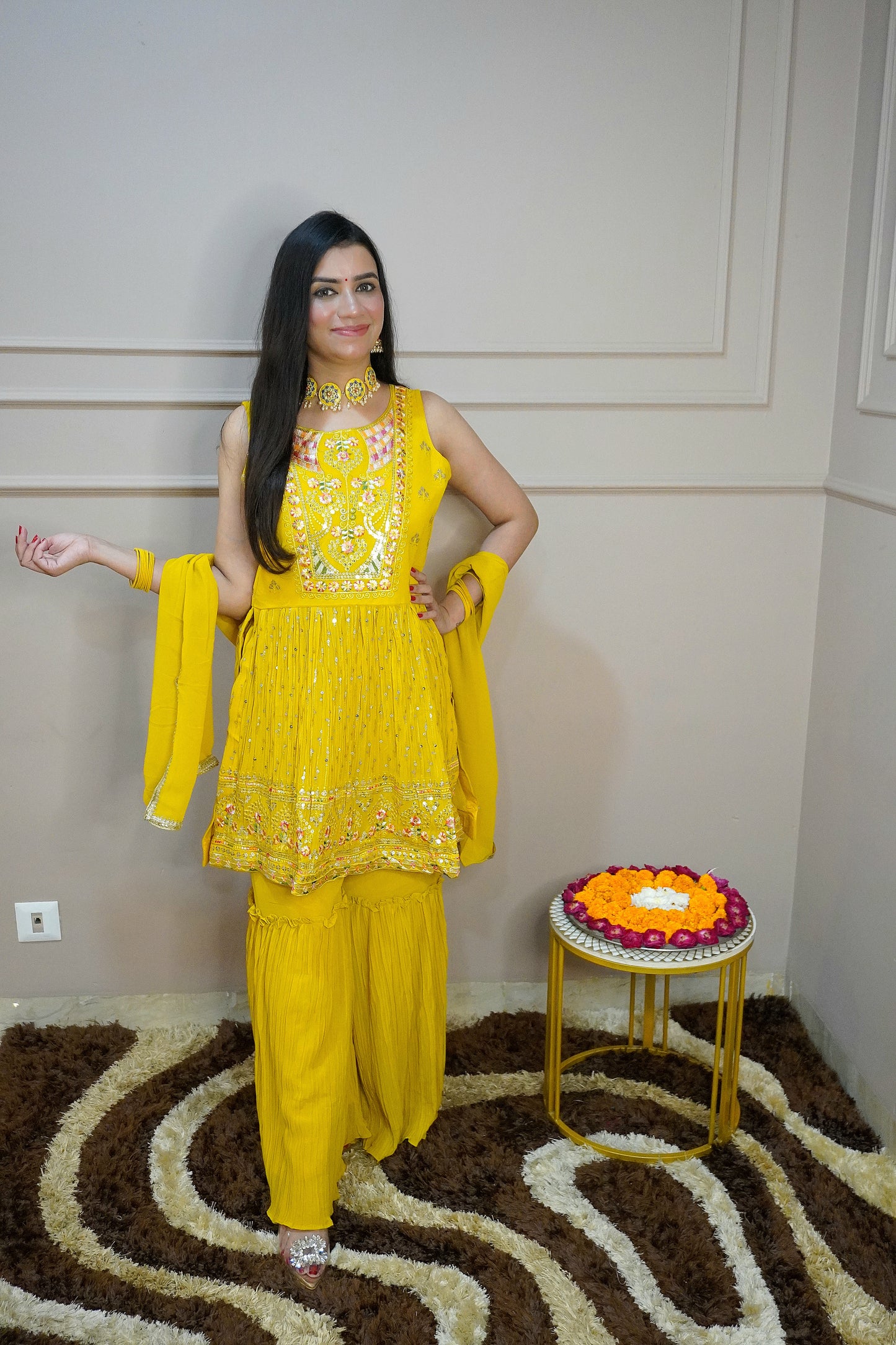 Yellow Colour Thread & Sequence Work Kurta with Sharara & Dupatta (Dress have 4 inch of margin both side for alteration as per customer need)