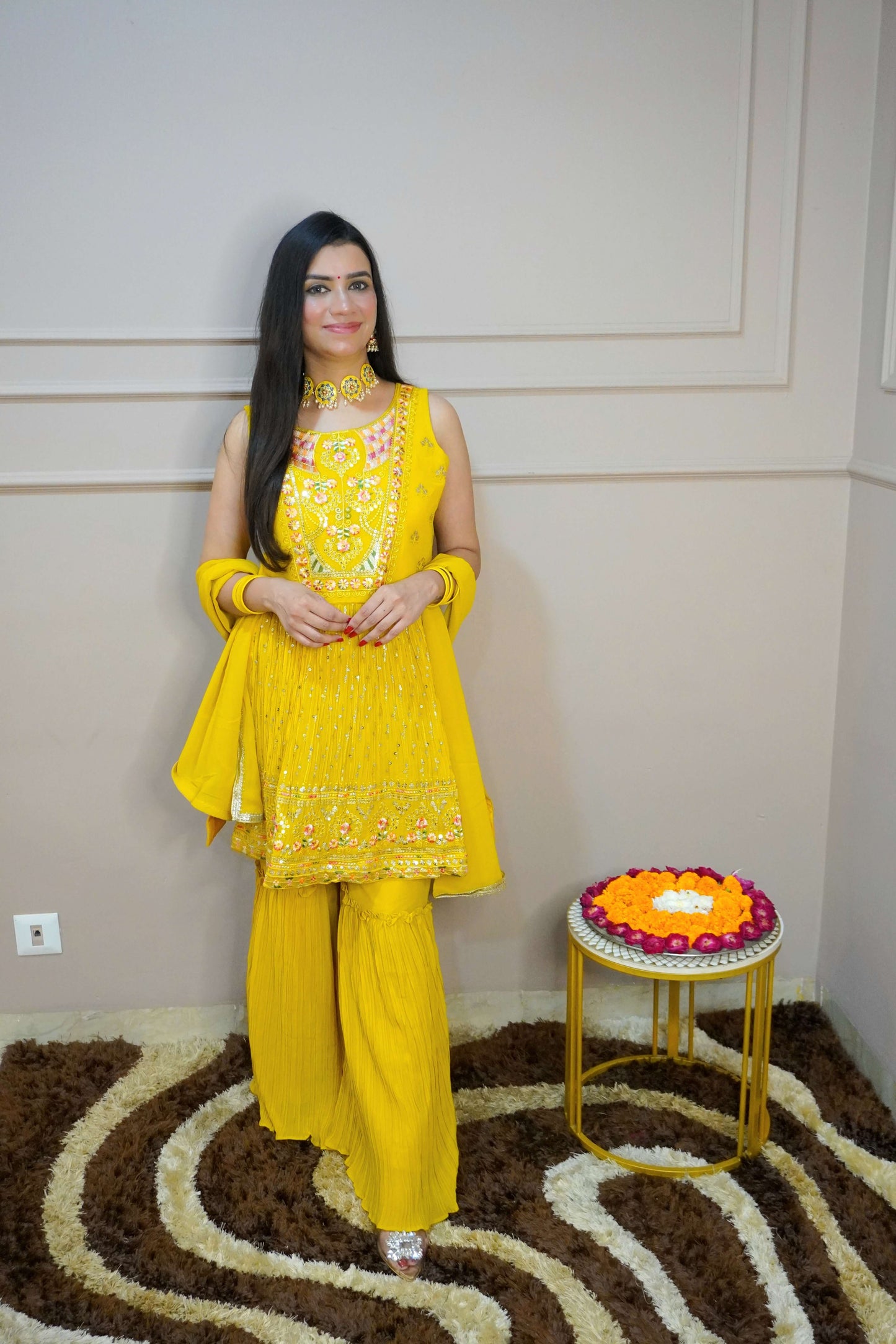 Yellow Colour Thread & Sequence Work Kurta with Sharara & Dupatta (Dress have 4 inch of margin both side for alteration as per customer need)