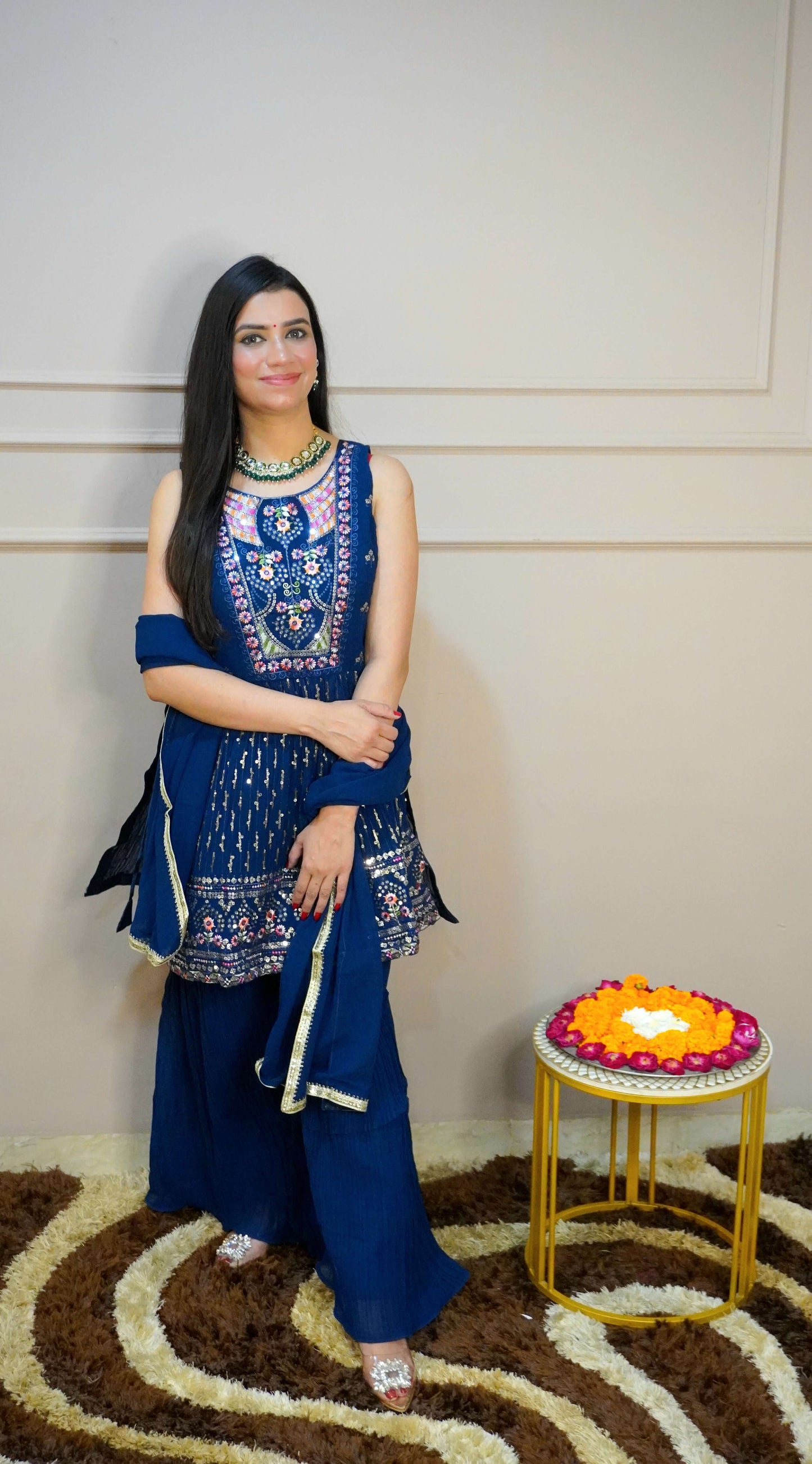 Blue Colour Thread & Sequence Work Kurta with Sharara & Dupatta (Dress have 4 inch of margin both side for alteration as per customer need)