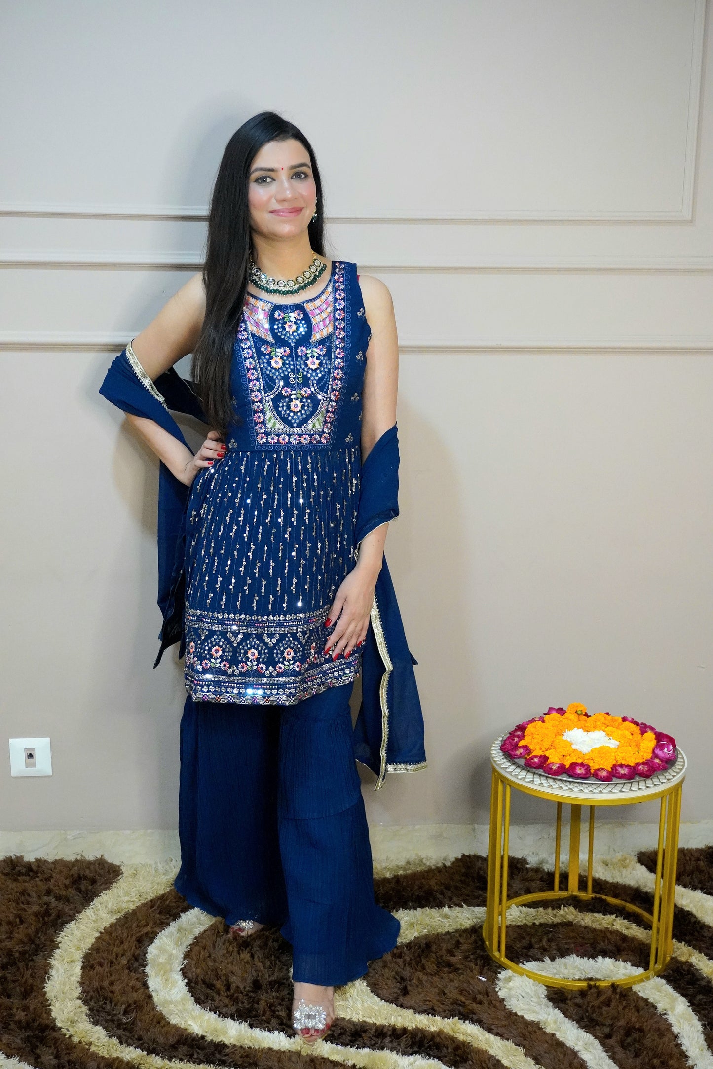 Blue Colour Thread & Sequence Work Kurta with Sharara & Dupatta (Dress have 4 inch of margin both side for alteration as per customer need)