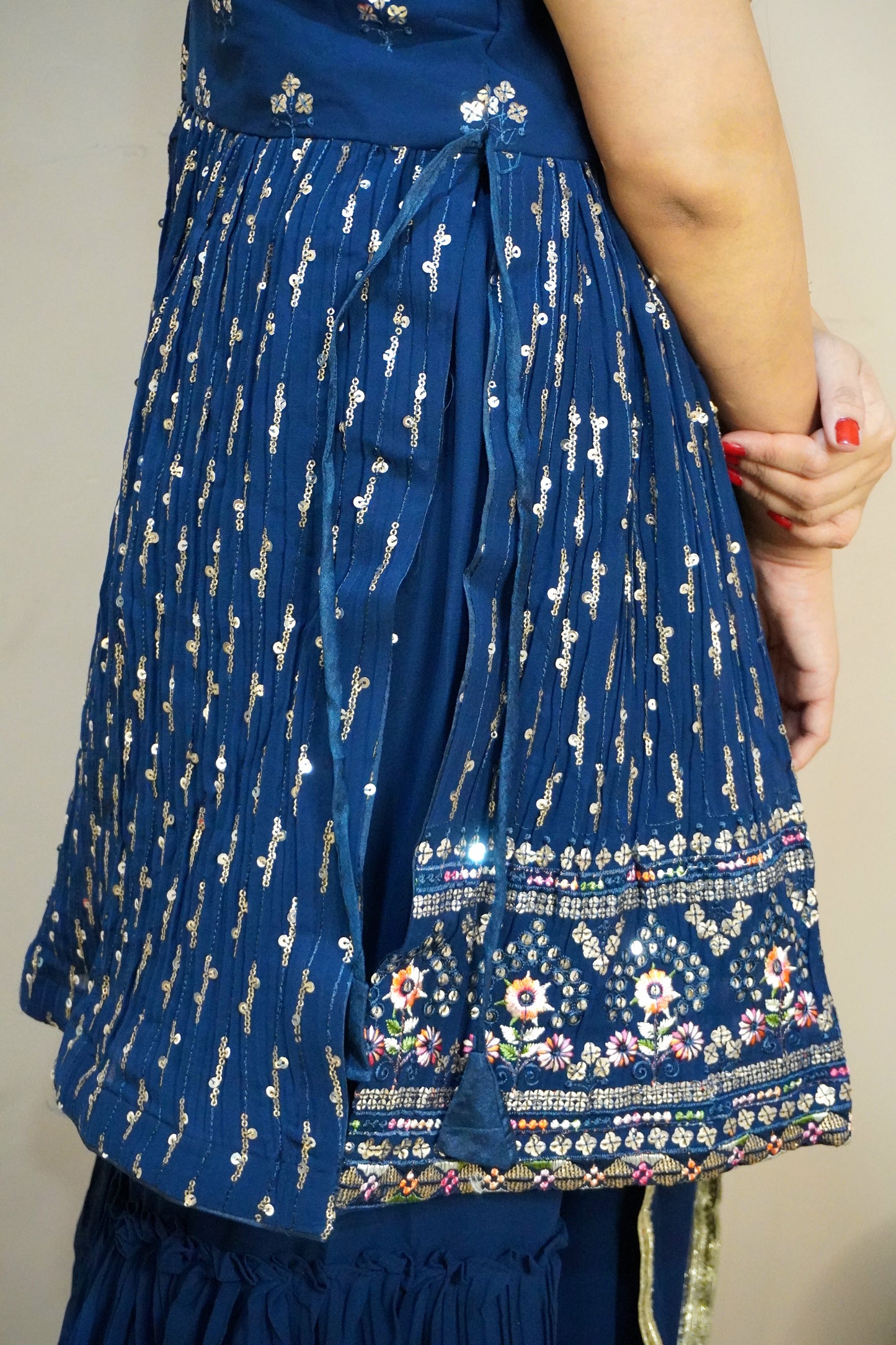 Blue Colour Thread & Sequence Work Kurta with Sharara & Dupatta (Dress have 4 inch of margin both side for alteration as per customer need)