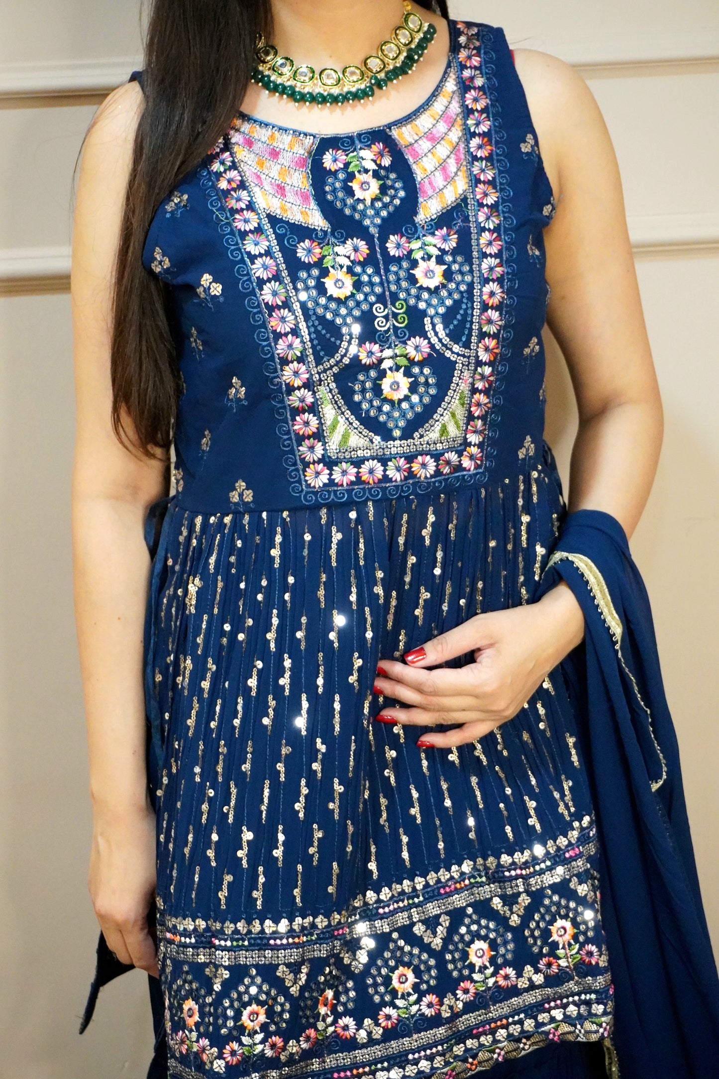 Blue Colour Thread & Sequence Work Kurta with Sharara & Dupatta (Dress have 4 inch of margin both side for alteration as per customer need)