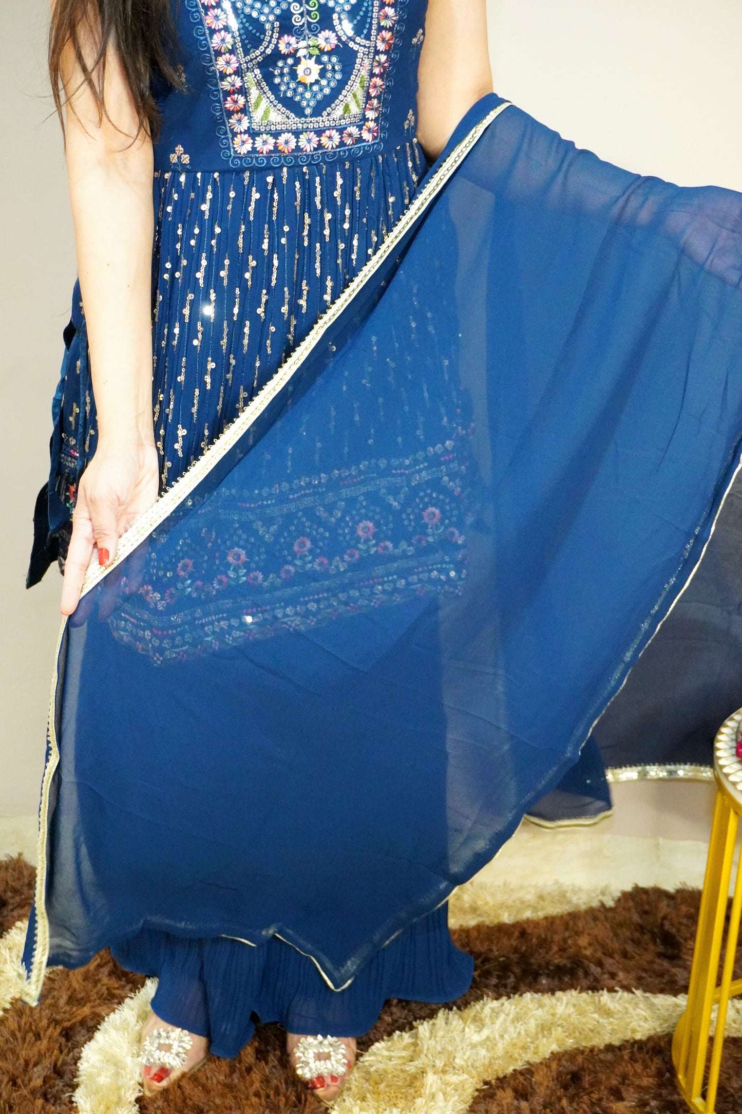 Blue Colour Thread & Sequence Work Kurta with Sharara & Dupatta (Dress have 4 inch of margin both side for alteration as per customer need)