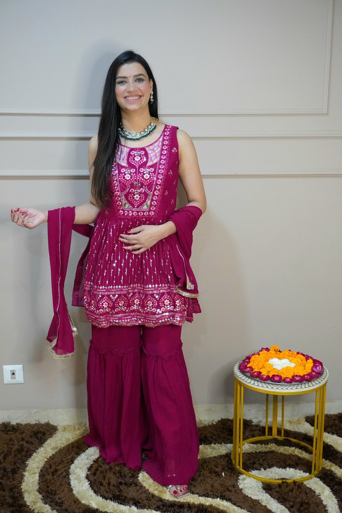 Dark Pink Colour Thread & Sequence Work Kurta with Sharara & Dupatta (Dress have 4 inch of margin both side for alteration as per customer need)