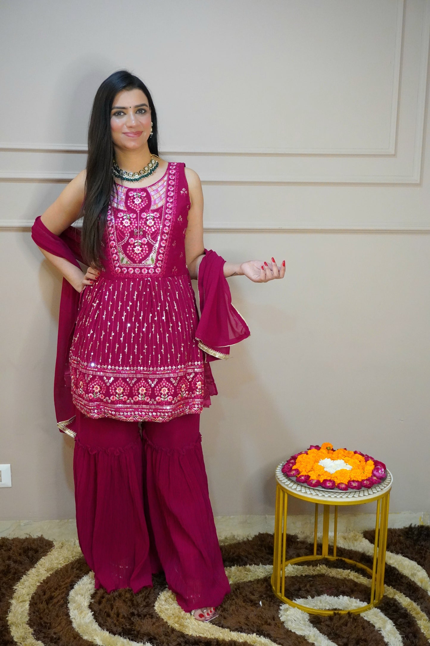 Dark Pink Colour Thread & Sequence Work Kurta with Sharara & Dupatta (Dress have 4 inch of margin both side for alteration as per customer need)