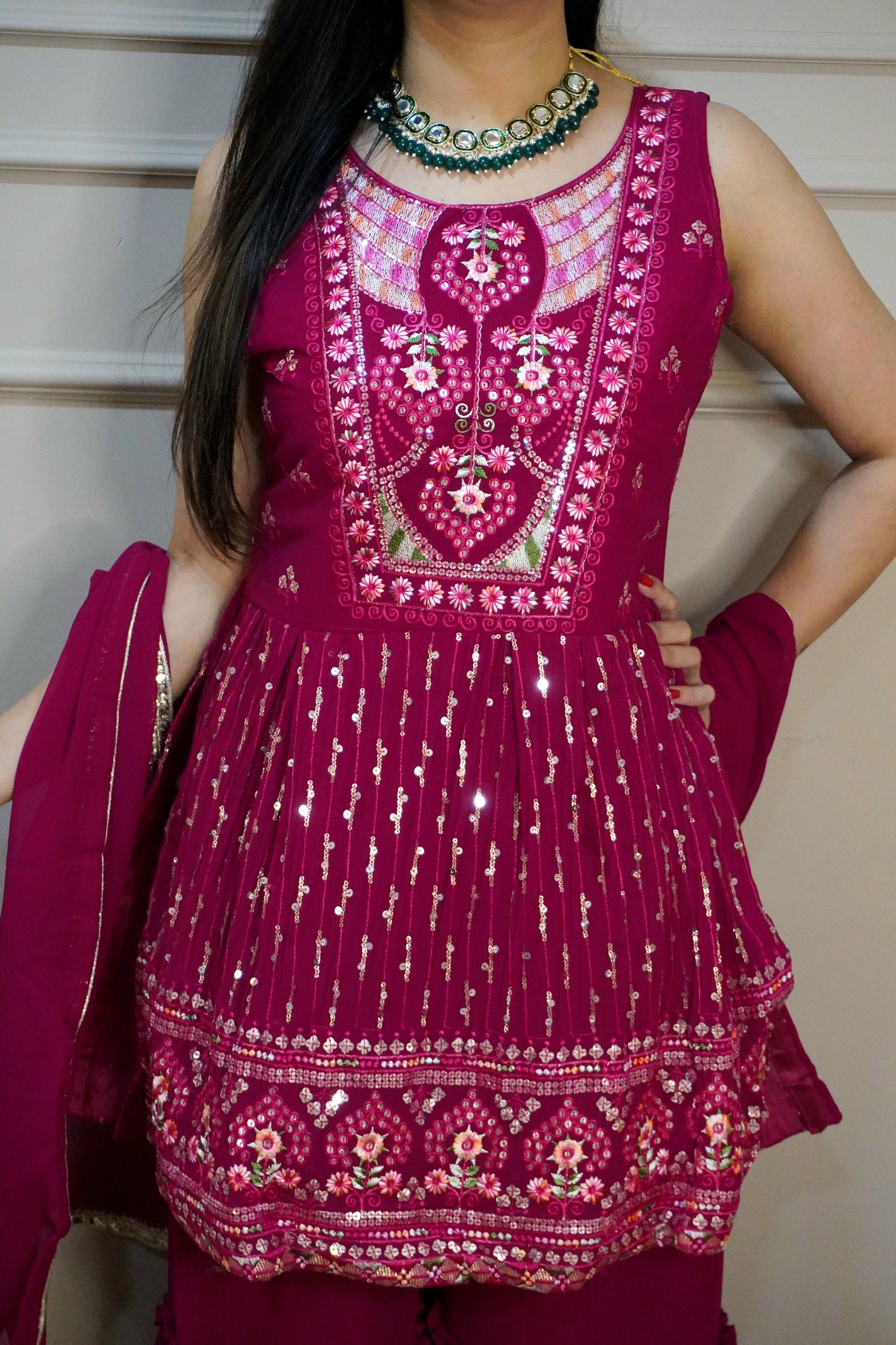 Dark Pink Colour Thread & Sequence Work Kurta with Sharara & Dupatta (Dress have 4 inch of margin both side for alteration as per customer need)