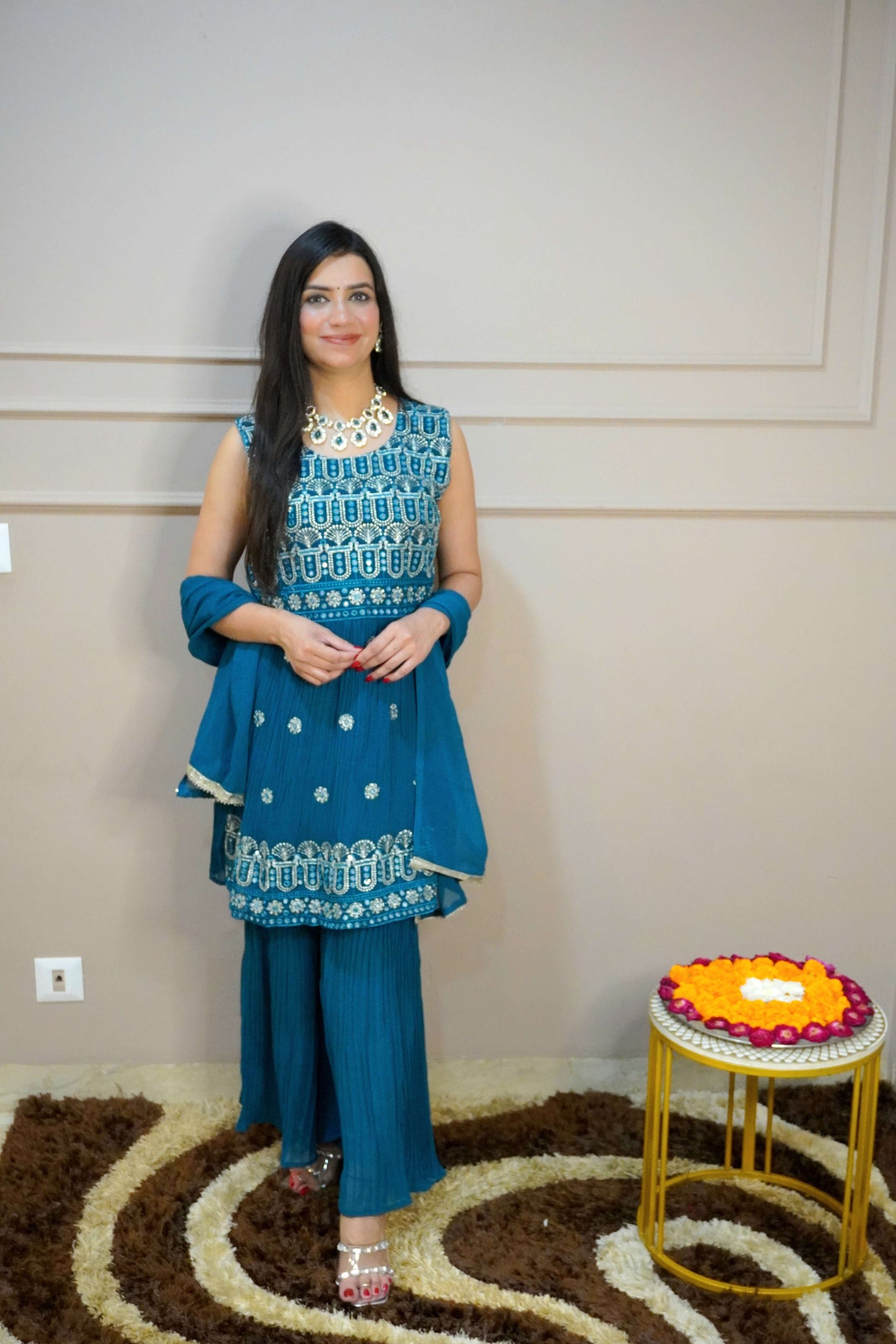 Teal Blue Colour Mirror & Thread Work Kurta with Sharara & Dupatta (Dress have 4 inch of margin both side for alteration as per customer need)