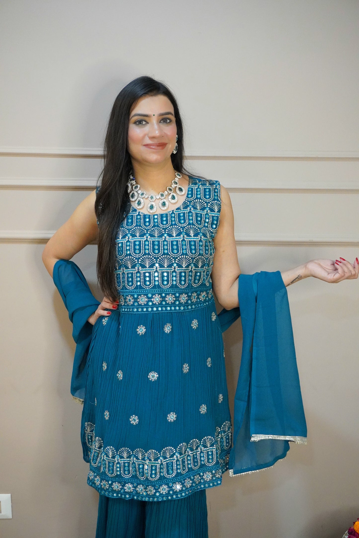 Teal Blue Colour Mirror & Thread Work Kurta with Sharara & Dupatta (Dress have 4 inch of margin both side for alteration as per customer need)