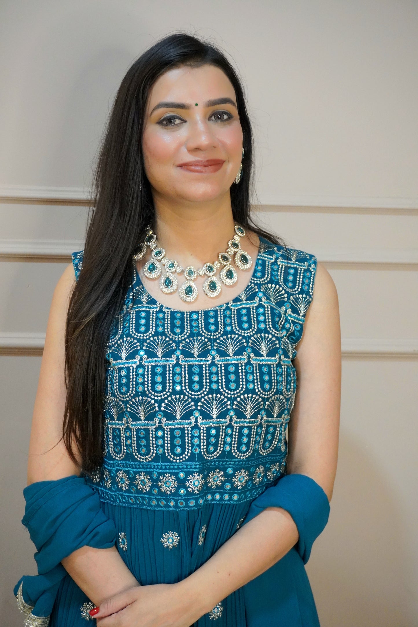 Teal Blue Colour Mirror & Thread Work Kurta with Sharara & Dupatta (Dress have 4 inch of margin both side for alteration as per customer need)