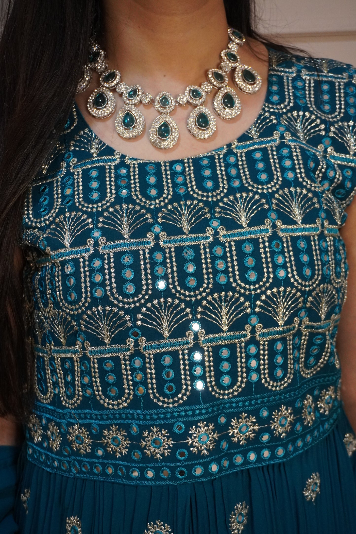 Teal Blue Colour Mirror & Thread Work Kurta with Sharara & Dupatta (Dress have 4 inch of margin both side for alteration as per customer need)