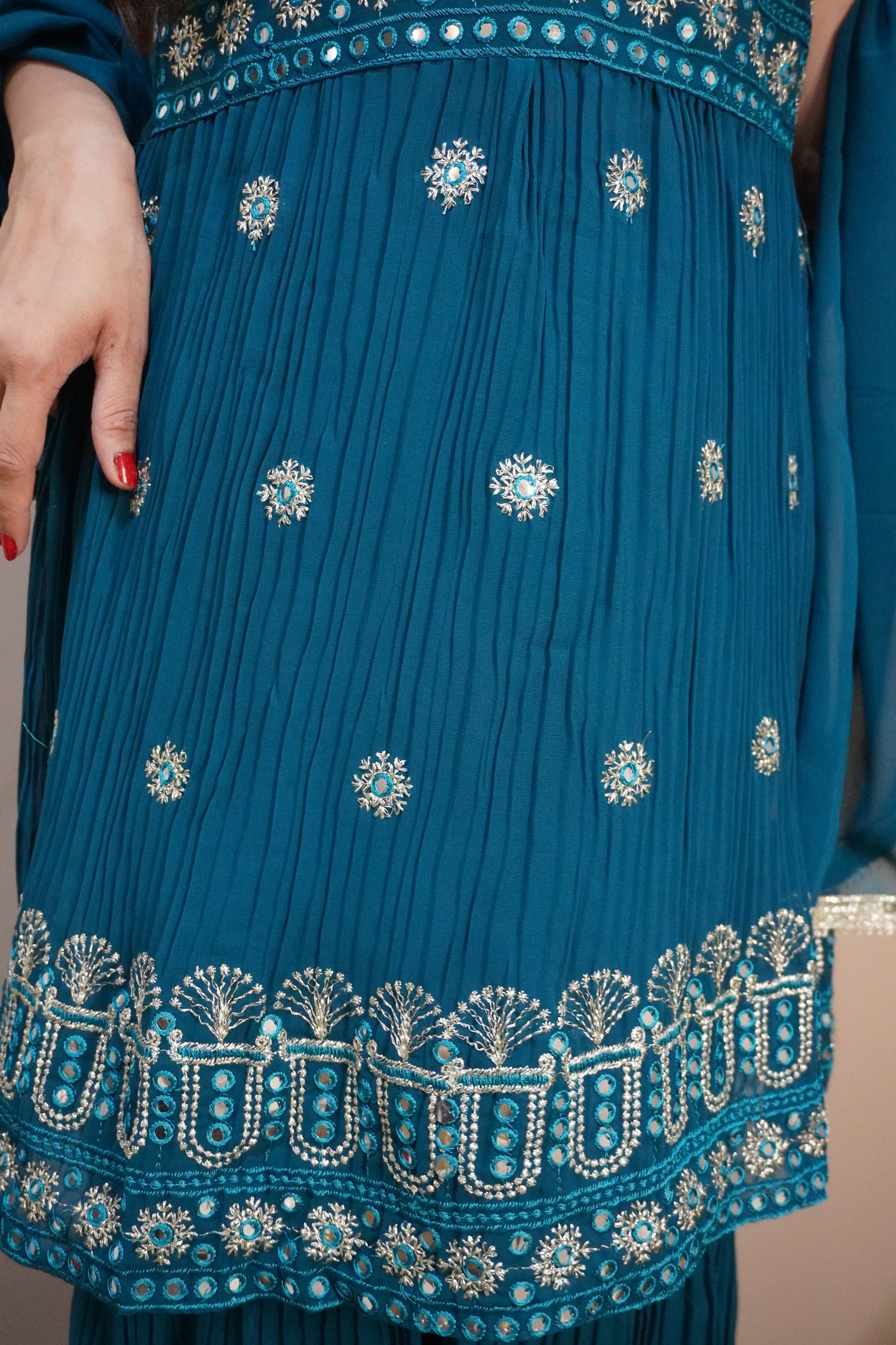 Teal Blue Colour Mirror & Thread Work Kurta with Sharara & Dupatta (Dress have 4 inch of margin both side for alteration as per customer need)