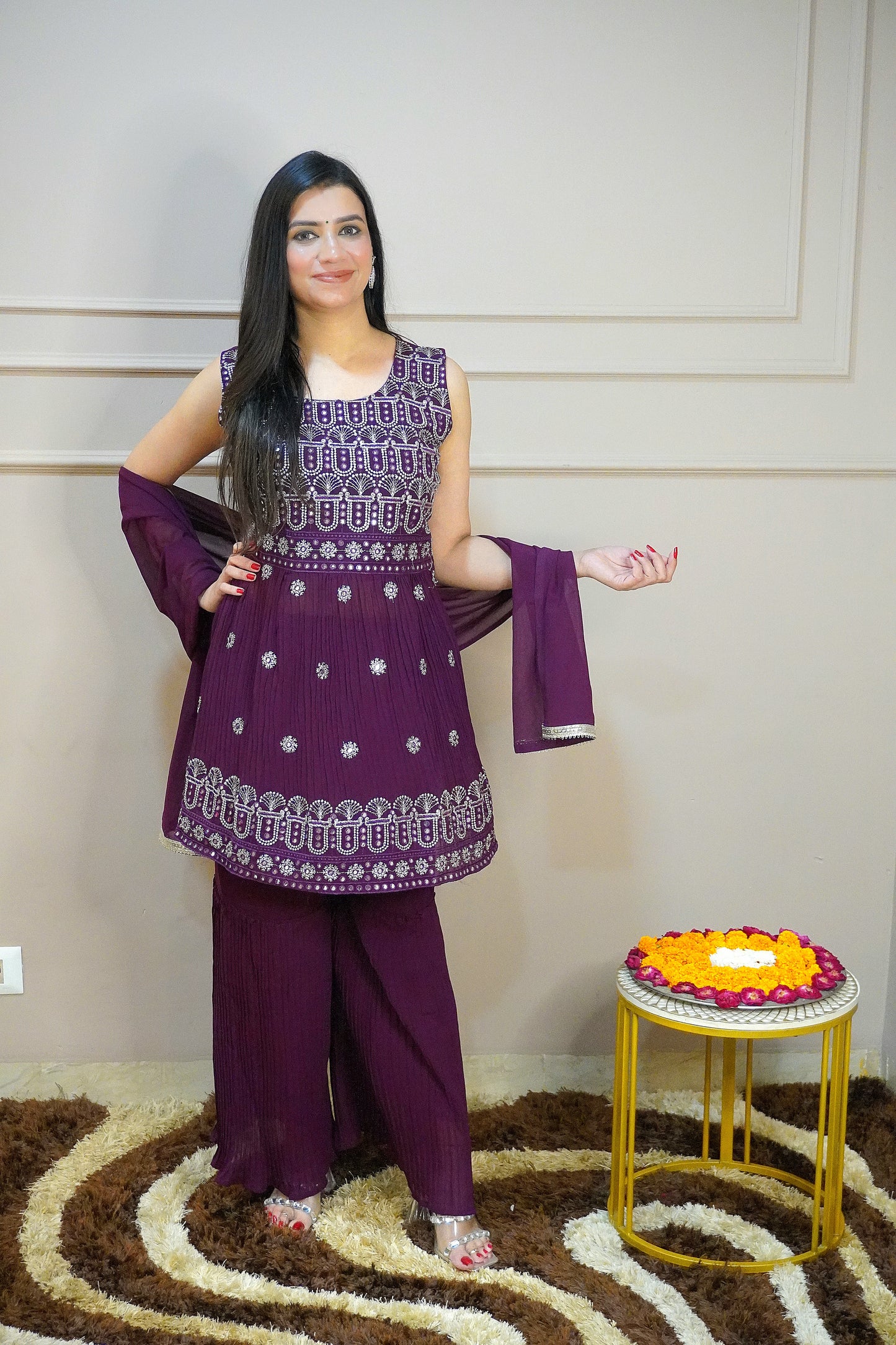 Wine Colour Mirror & Thread Work Kurta with Sharara & Dupatta (Dress have 4 inch of margin both side for alteration as per customer need)