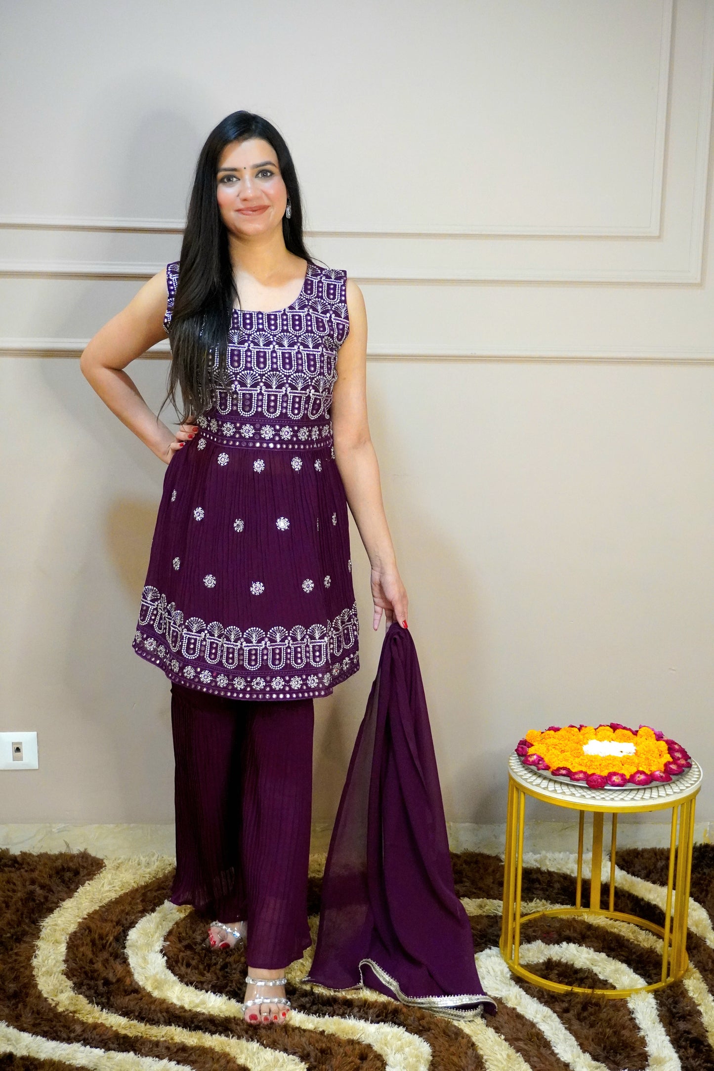 Wine Colour Mirror & Thread Work Kurta with Sharara & Dupatta (Dress have 4 inch of margin both side for alteration as per customer need)