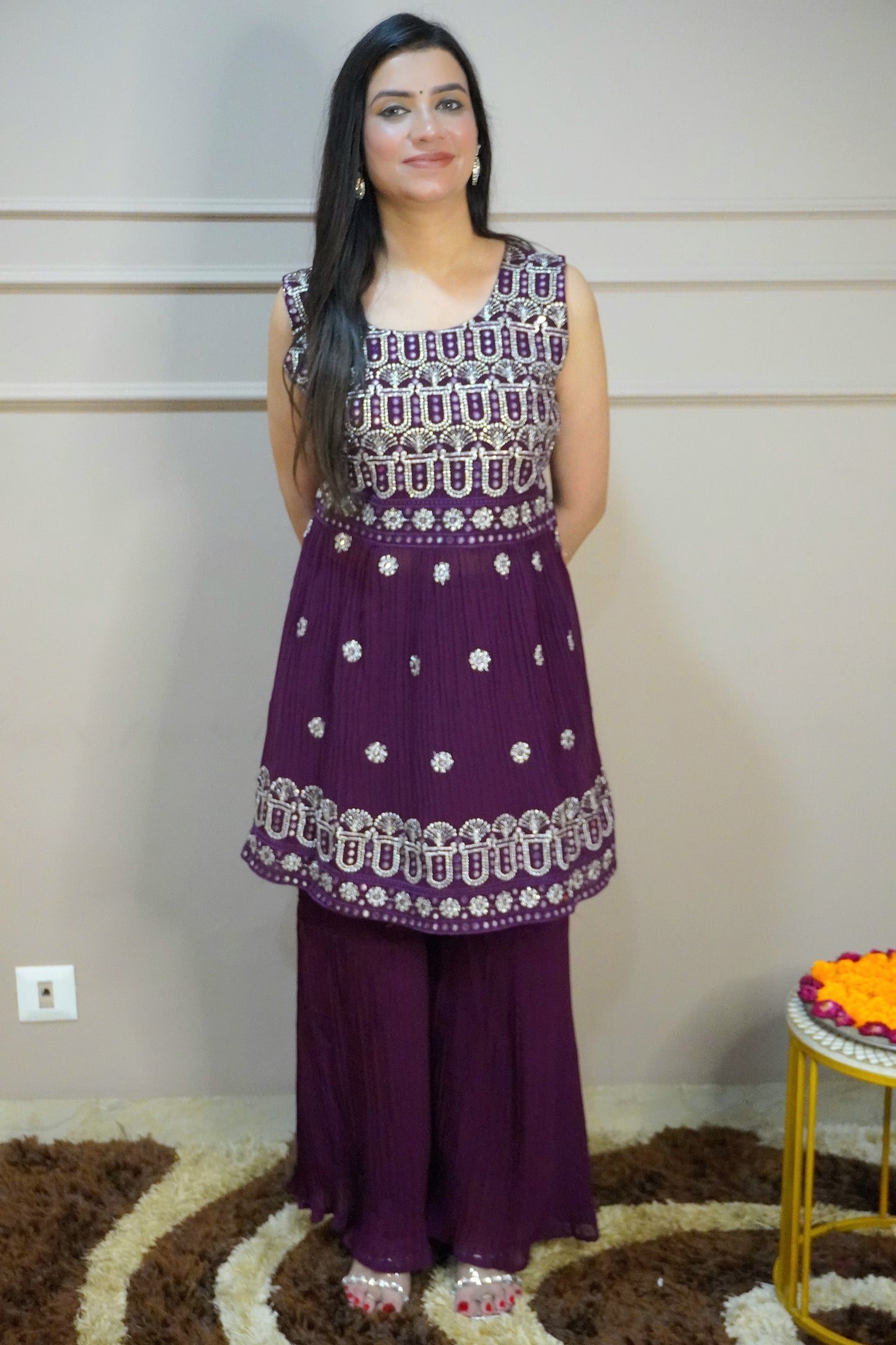 Wine Colour Mirror & Thread Work Kurta with Sharara & Dupatta (Dress have 4 inch of margin both side for alteration as per customer need)